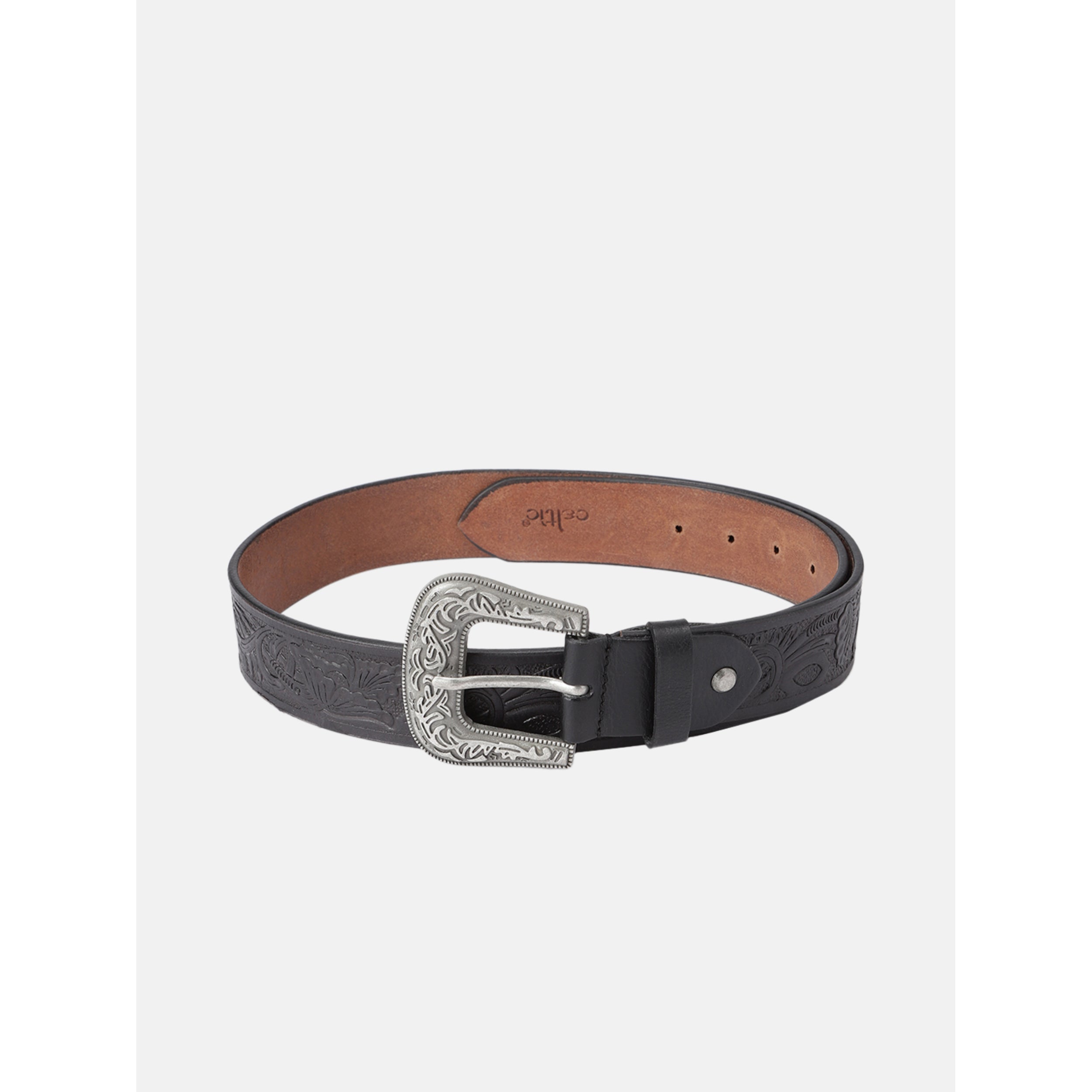 Unisex Genuine Leather Embossed Black Western Waist Accessory Silver Buckle