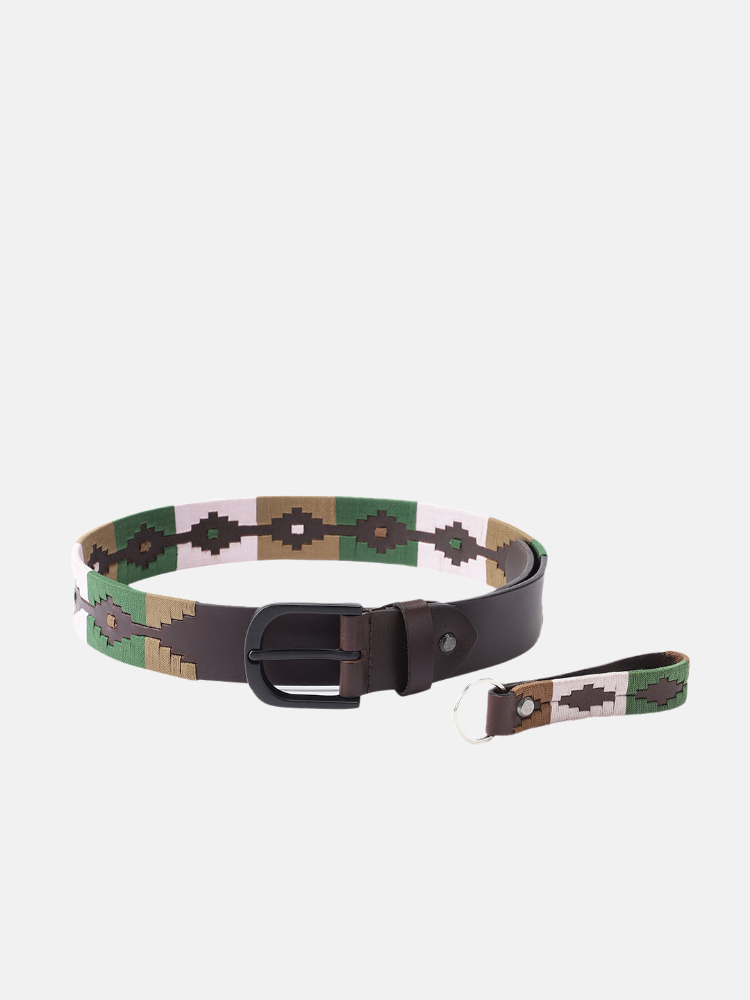 Unisex Handcrafted Genuine Leather Belt With Woven Ethnic Pattern And Matte Metal Buckle