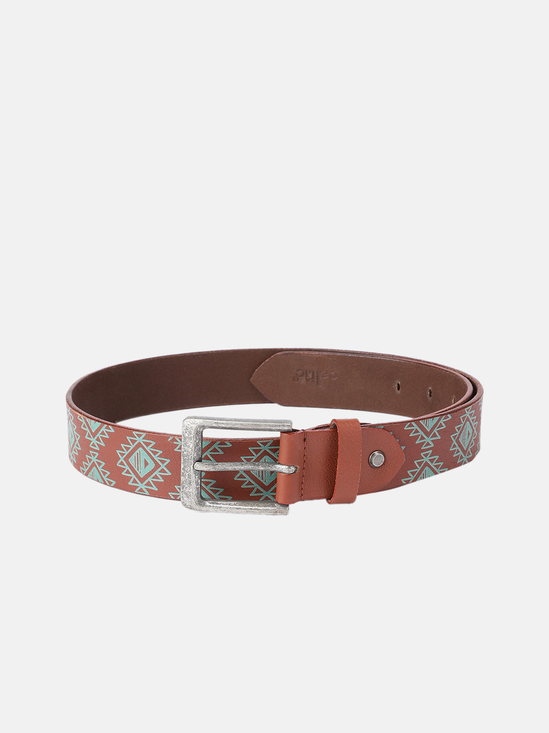 Unisex Geometric Ethnic Printed Leather Belt With Silver Buckle For Casual Wear