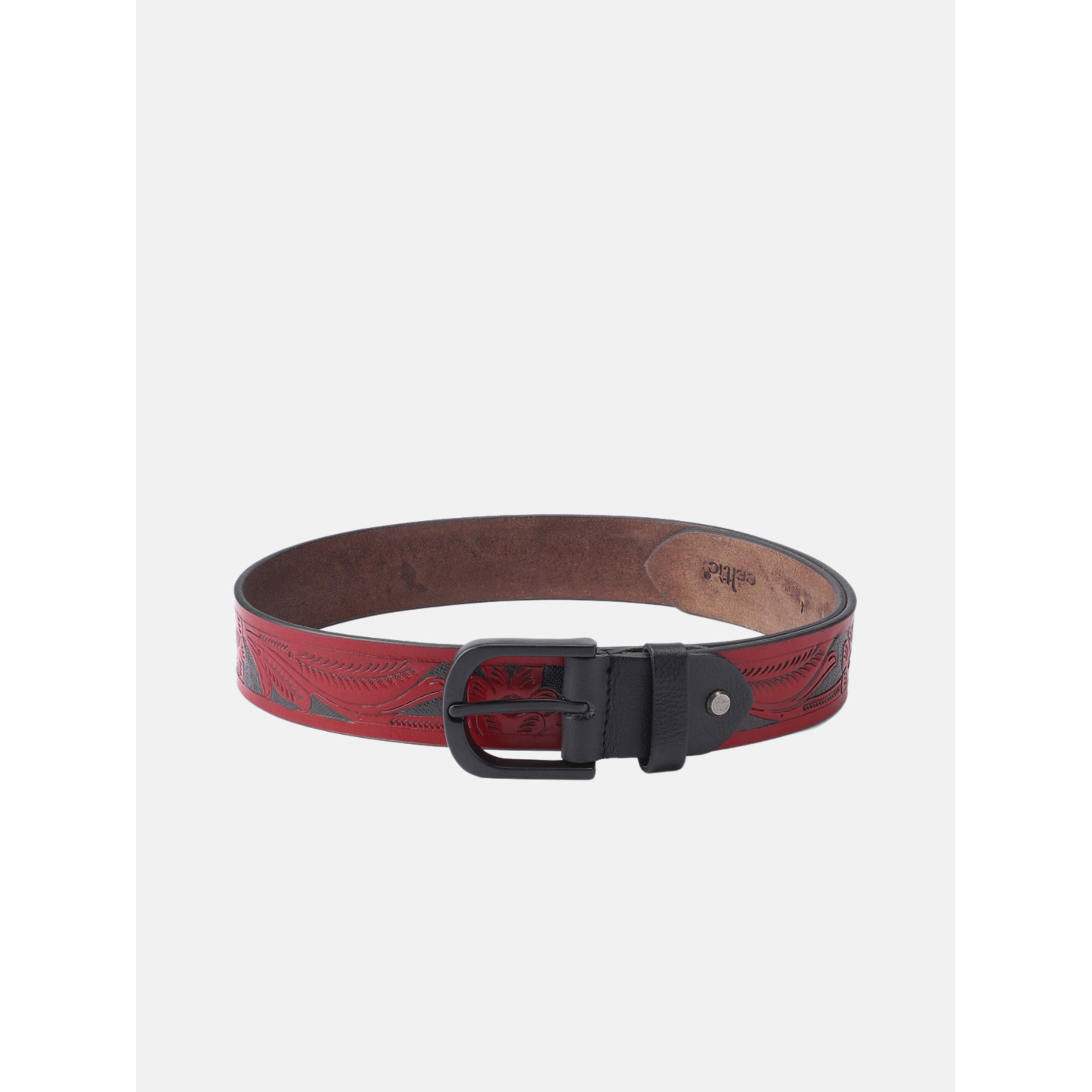 Unisex Genuine Leather Red Floral Embossed Western Casual Waistbelt Matte Black Buckle
