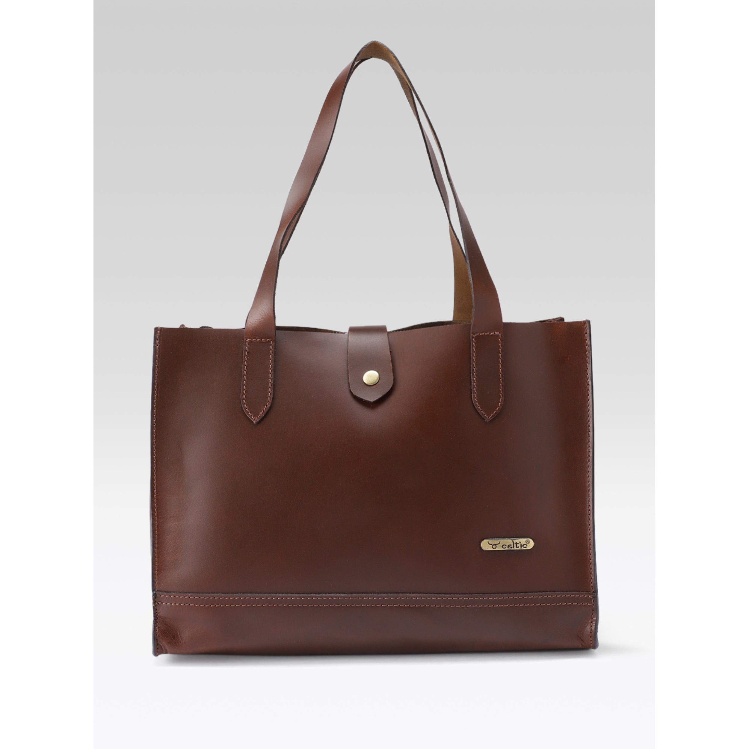 Premium Genuine Leather Structured Shopper Tote with Dual Compartments & Snap Closure