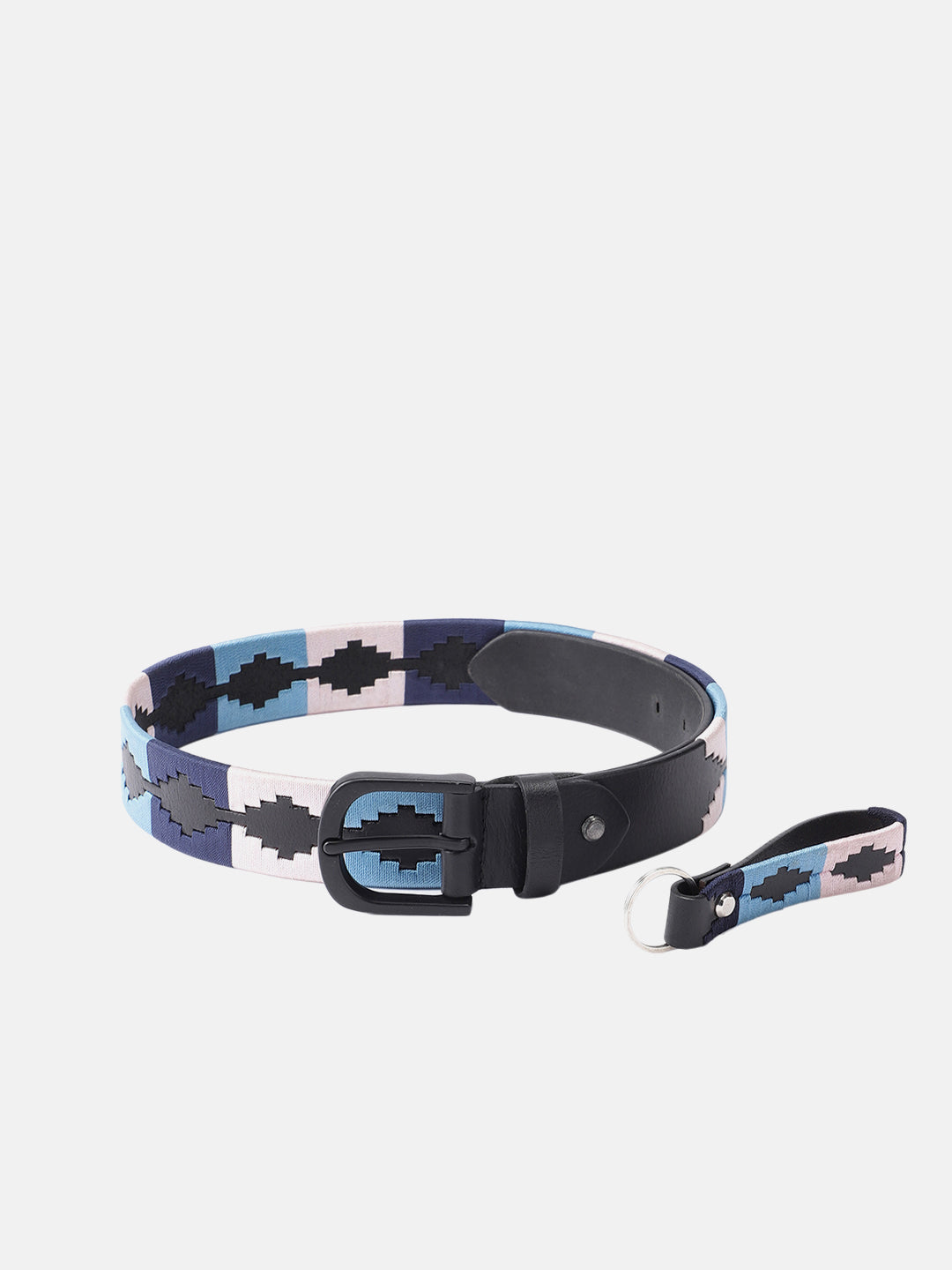 Unisex Handcrafted Leather Belt With Geometric Woven Fabric Accent And Vintage Metal Buckle
