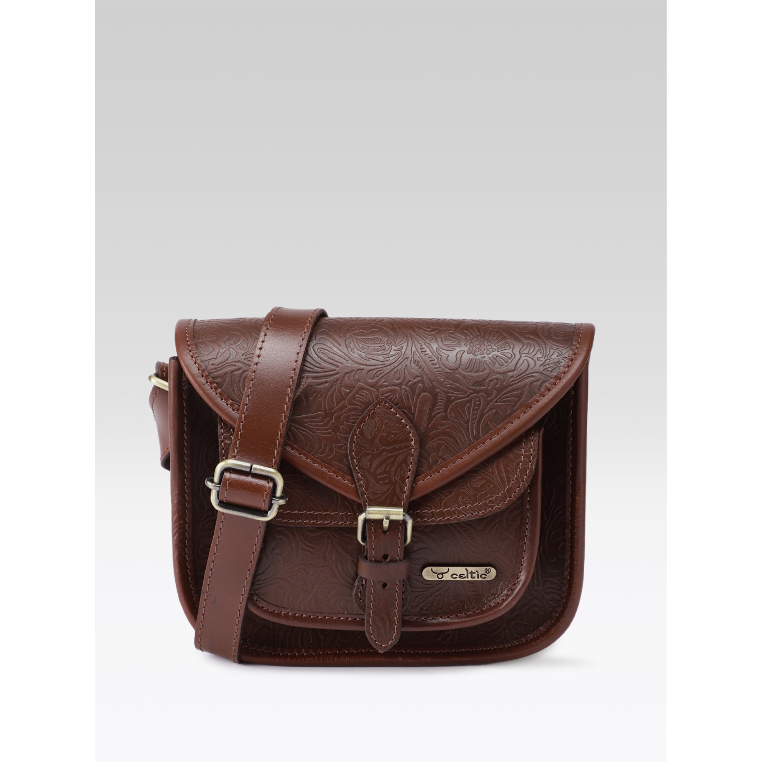 Premium Genuine Embossed Leather Sling Bag with Buckle Flap & Front Pocket