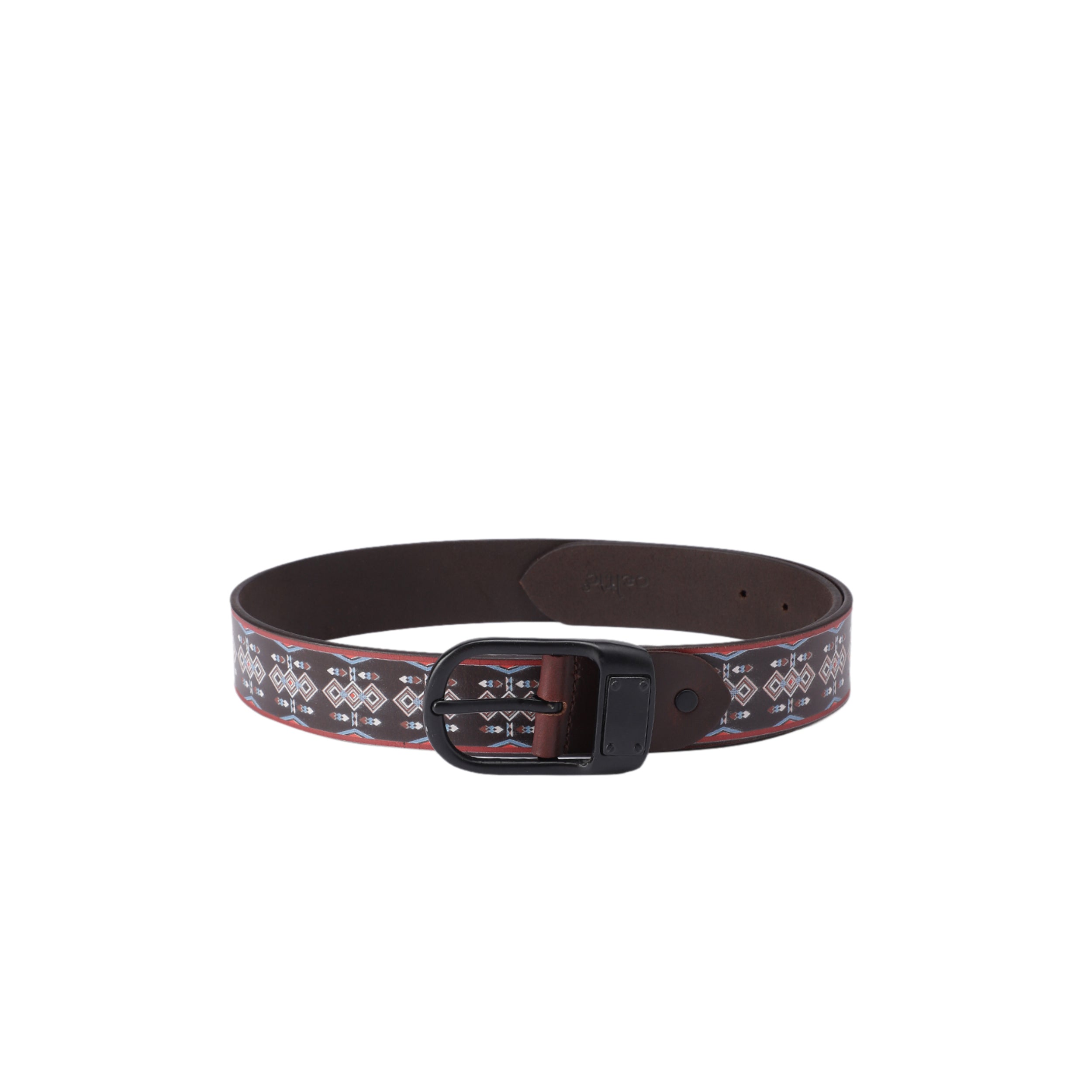 Unisex Tribal Patterned Leather Belt With Geometric Print Matte Black Buckle Handmade Style.