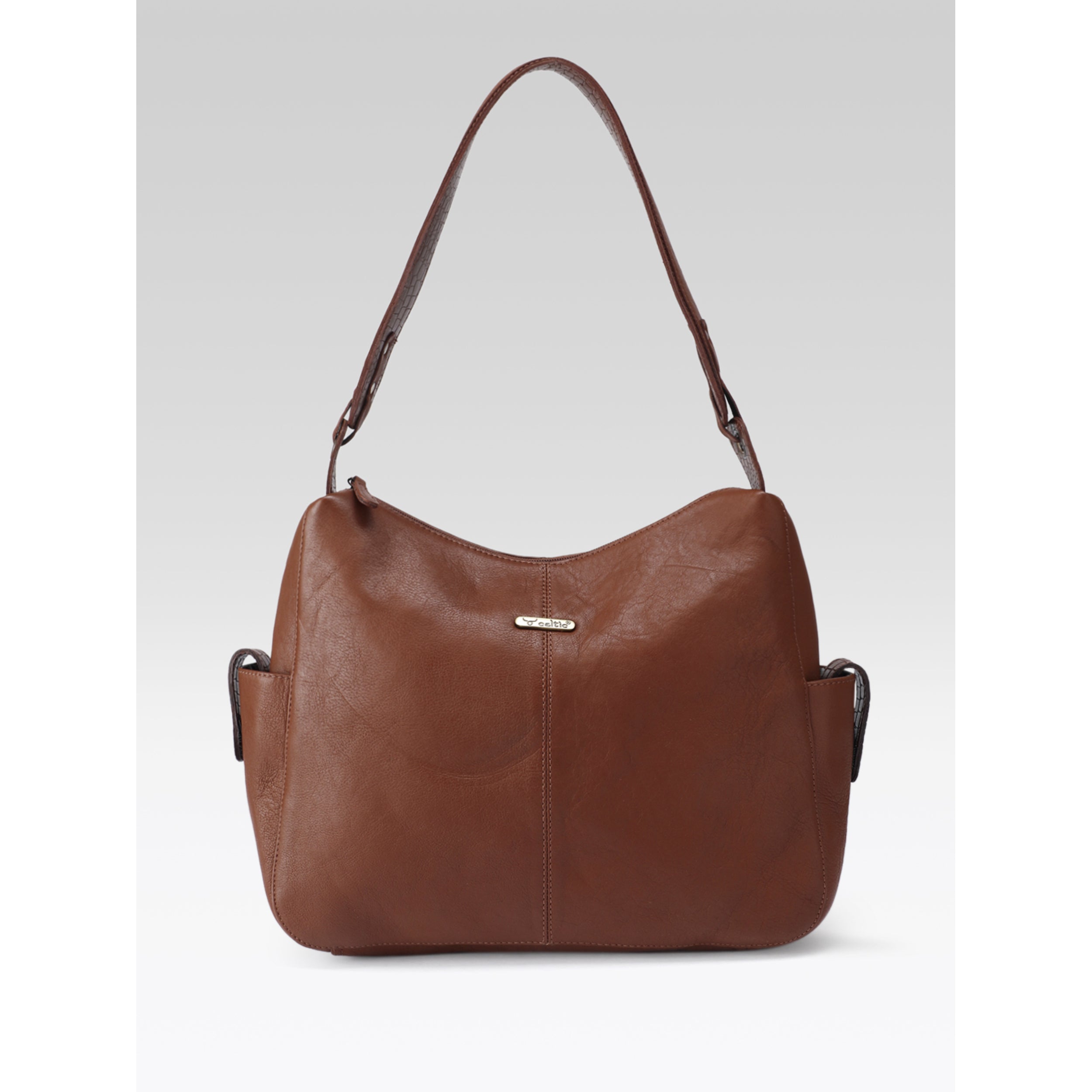 Premium Genuine Leather Hobo Shoulder Bag with Zippered Pockets & Fixed Strap
