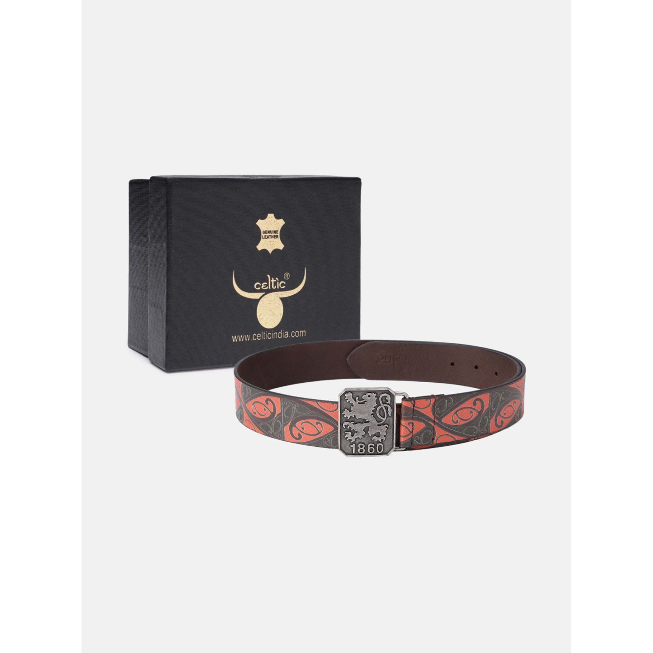 Men Genuine Leather Red Black Tribal Scroll Waist Belt with Antique Emblem Buckle