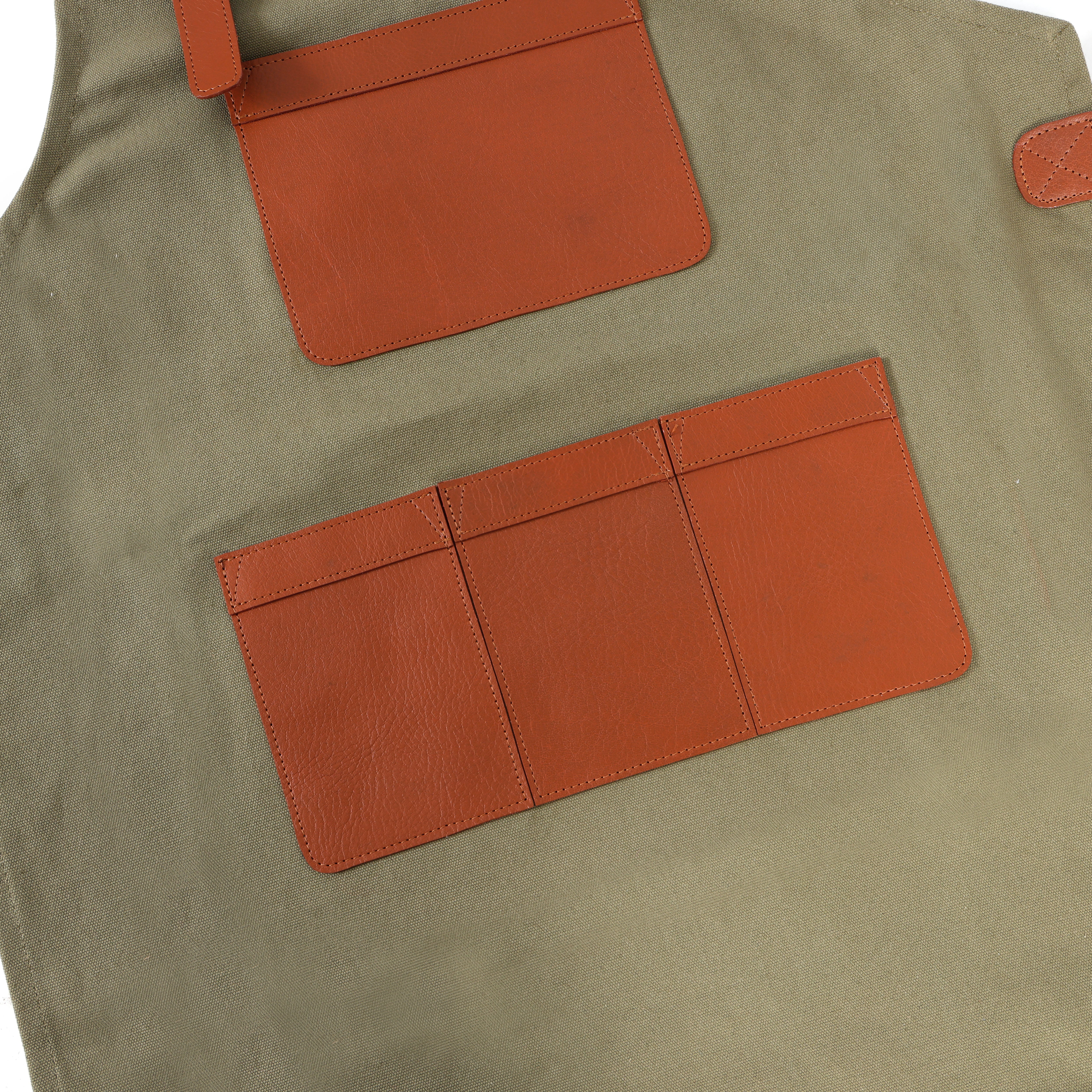 Premium Genuine Leather & Canvas Bib Apron – Tan & Green With Multiple Pocket