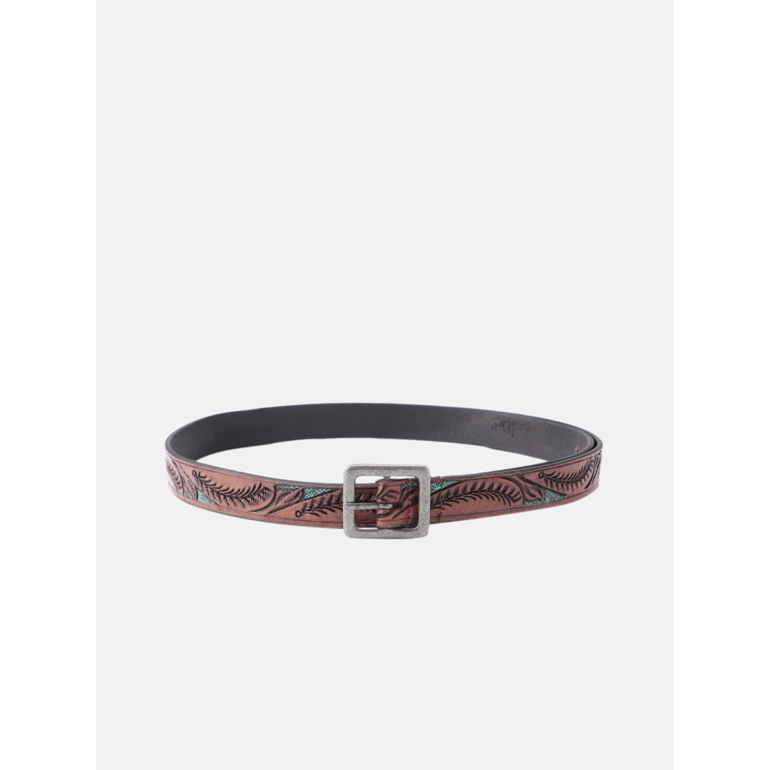 Premium Genuine Leather Brown Leaf Embossed Turquoise Inlay Western Waistbelt Square Buckle