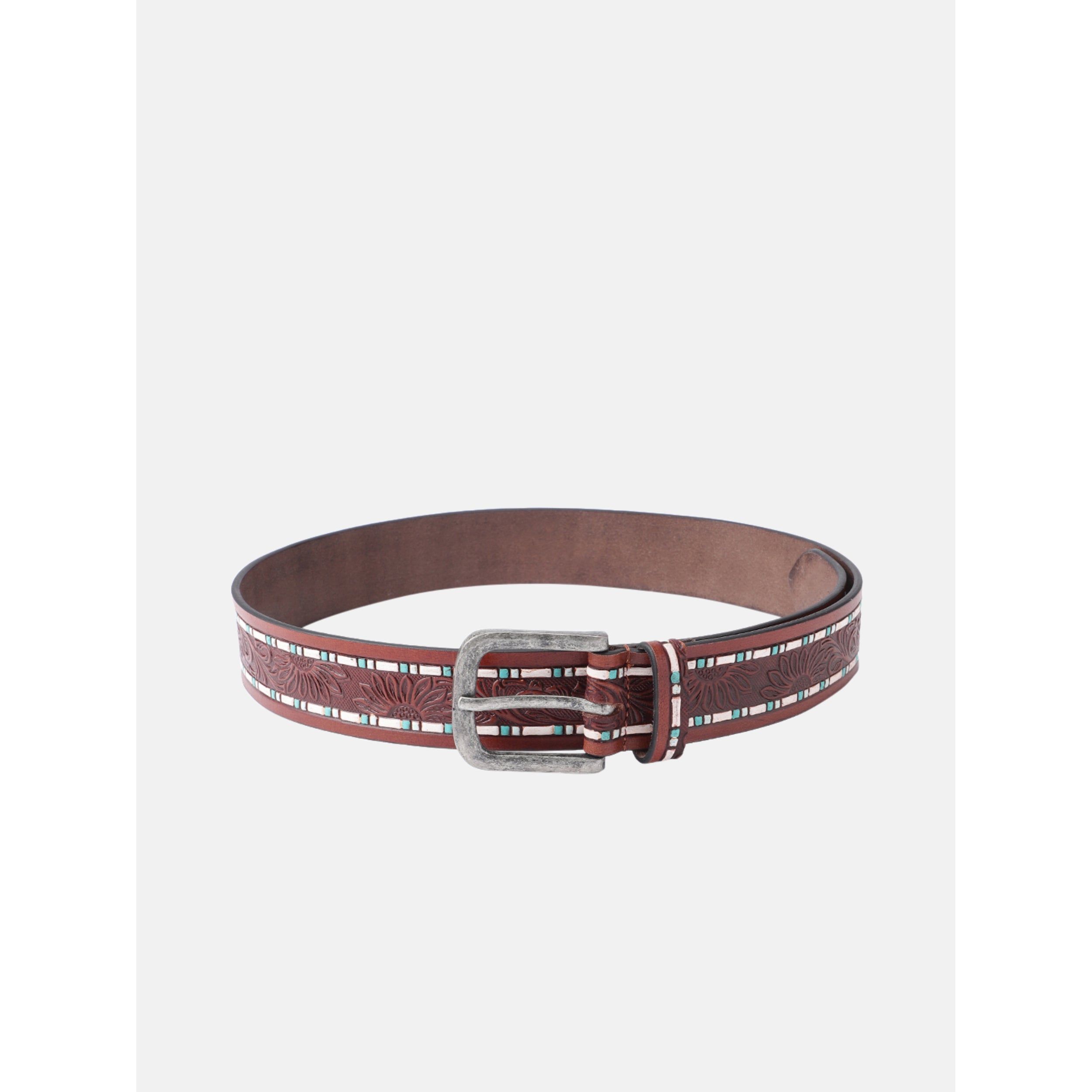 Premium Handcrafted Floral Tooled Leather Belt With Turquoise Inlay And Vintage Buckle