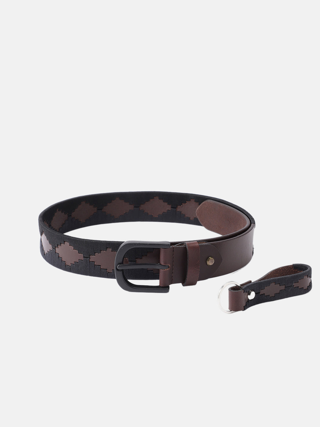 Unisex Handcrafted Leather Fabric Belt With Geometric Pattern Matte Black Buckle.