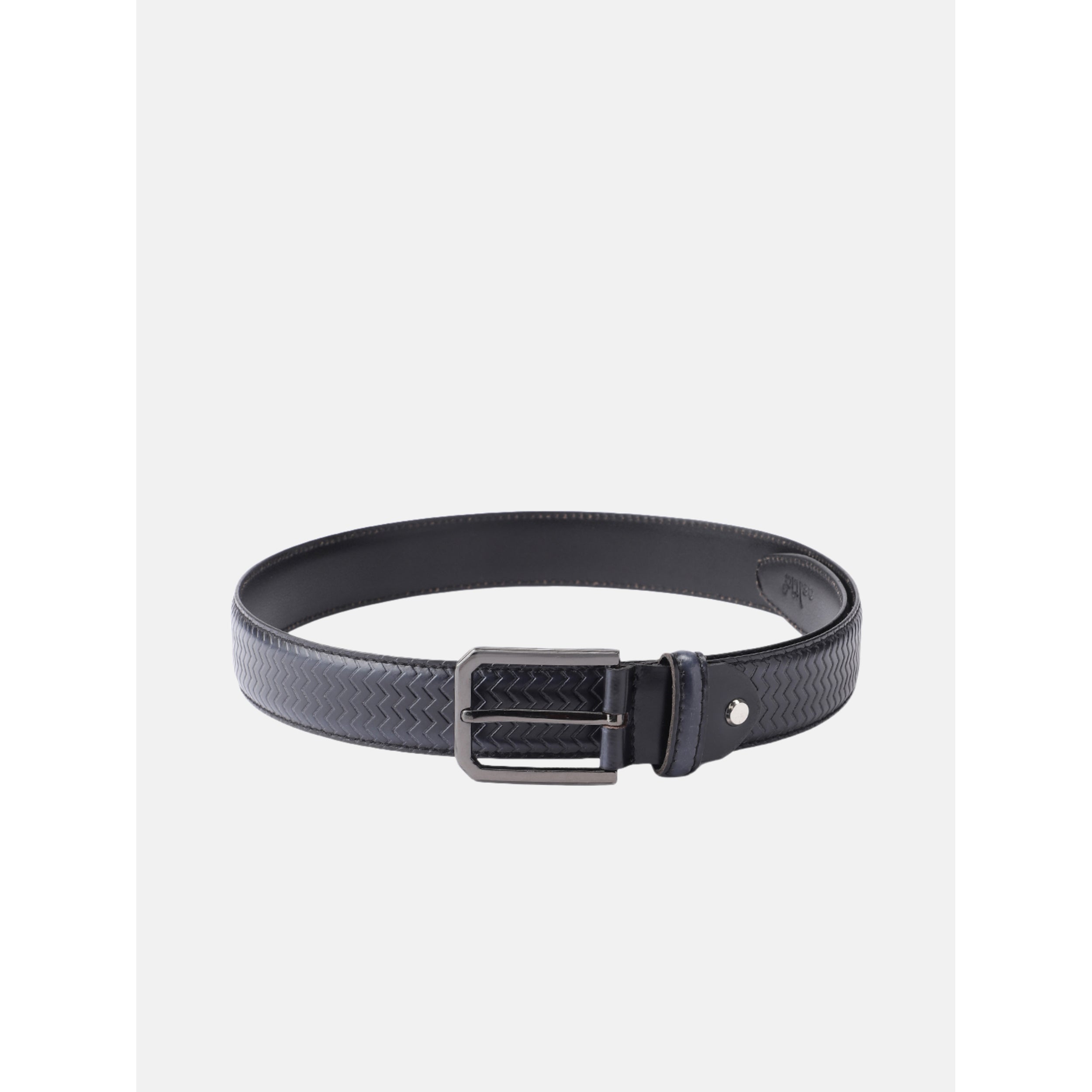Men Olive Textured Leather Belt With Vertical Stripe Pattern And Classic Metal Buckle