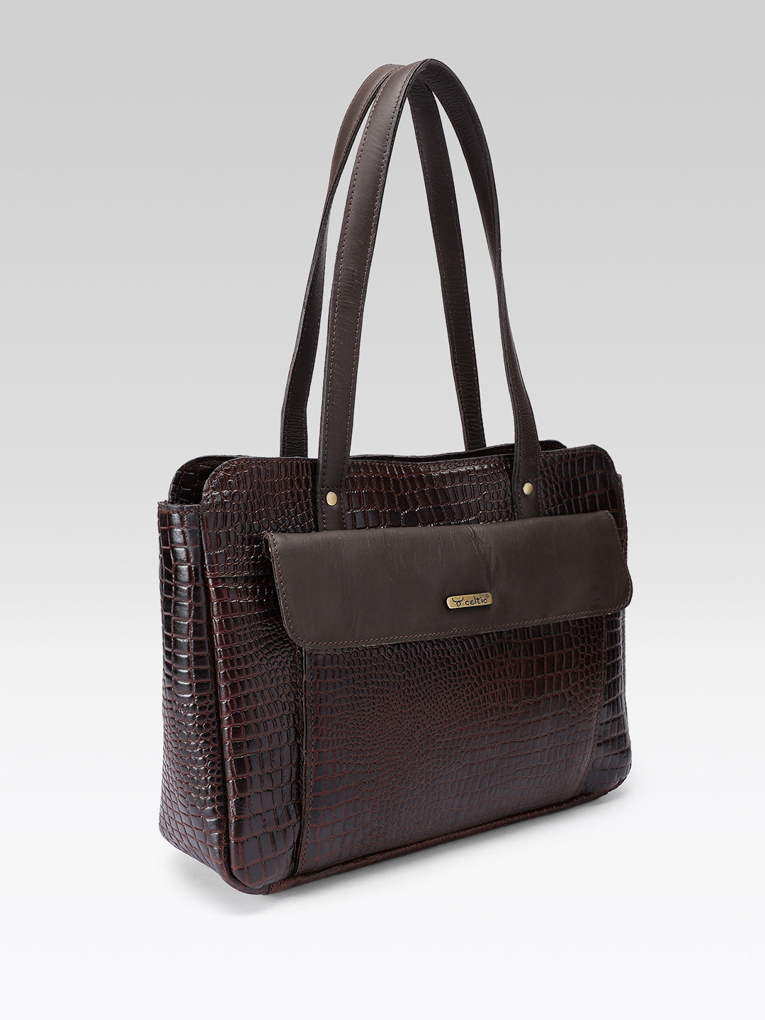Premium Genuine Croc-Embossed Leather Tote Bag with Zip Compartments & Long Shoulder Straps