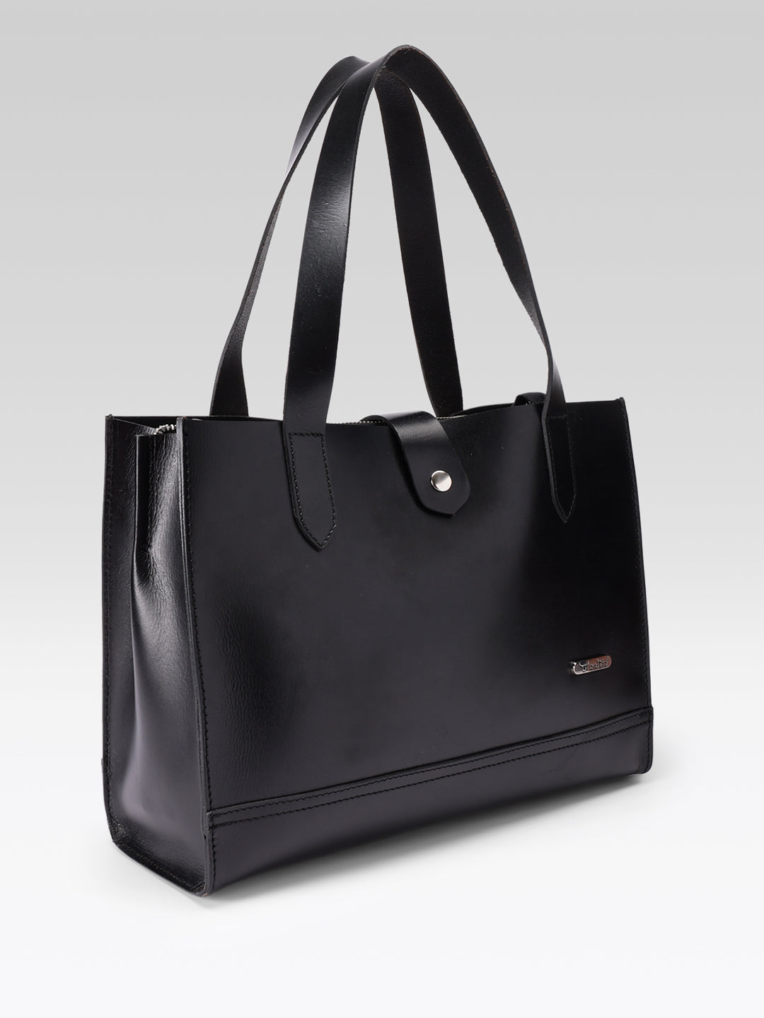 Premium Genuine Leather Structured Shopper Tote with Dual Compartments & Snap Closure