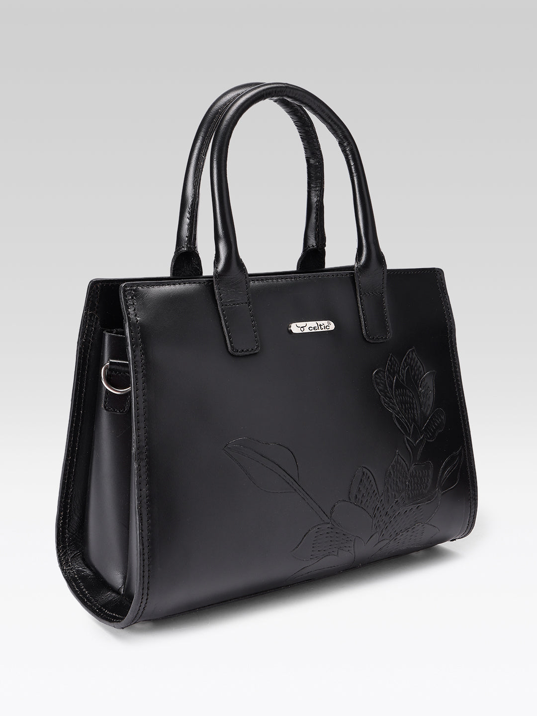 Premium Genuine  Leather Tote with Floral Embossing, Top Handles, Zip Closure