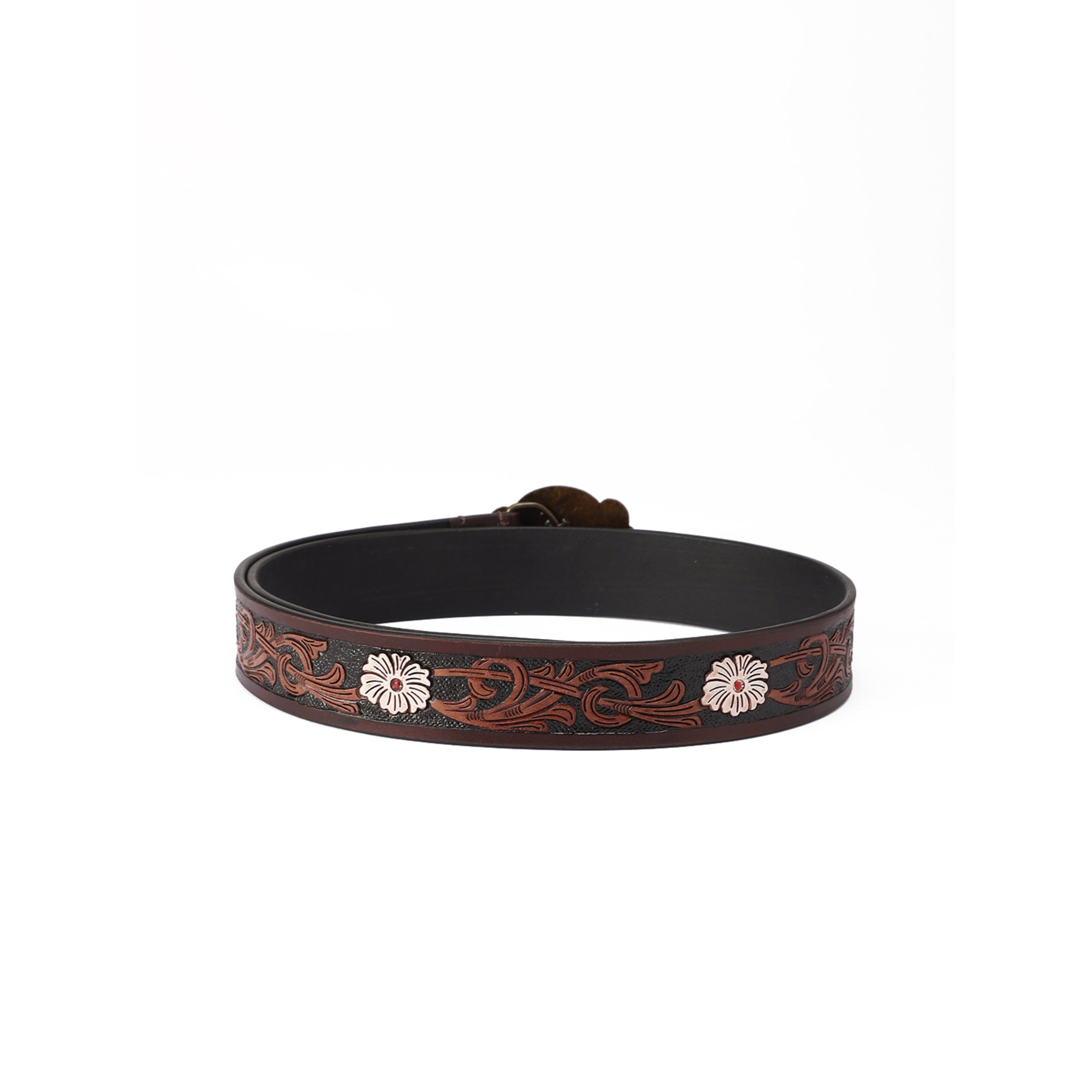 Unisex Genuine Leather Western Brown Embossed Floral Waist Accessory Antique Buckle
