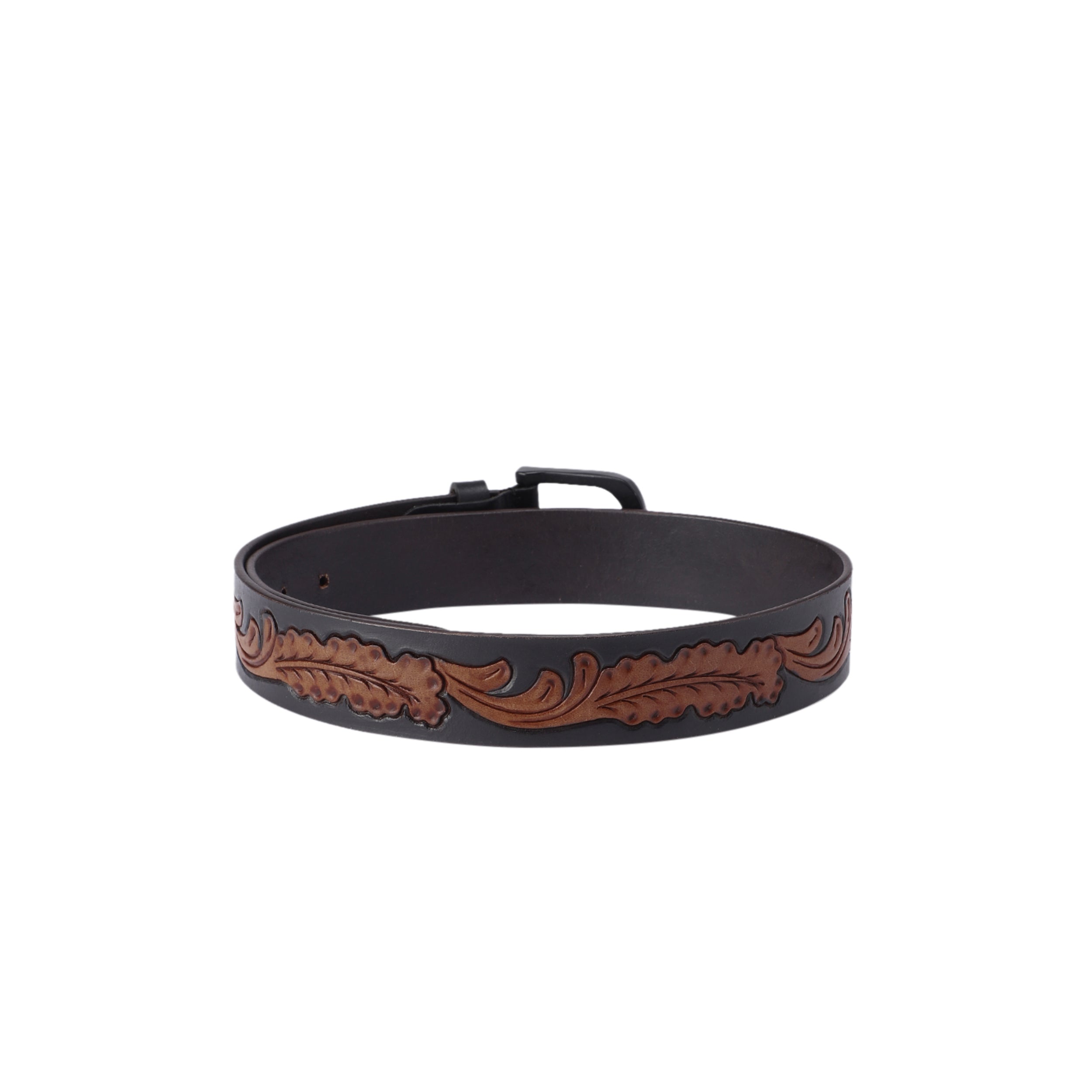 Premium  Black Leather Belt Featuring Carved Brown Leaf Pattern With Matte Buckle