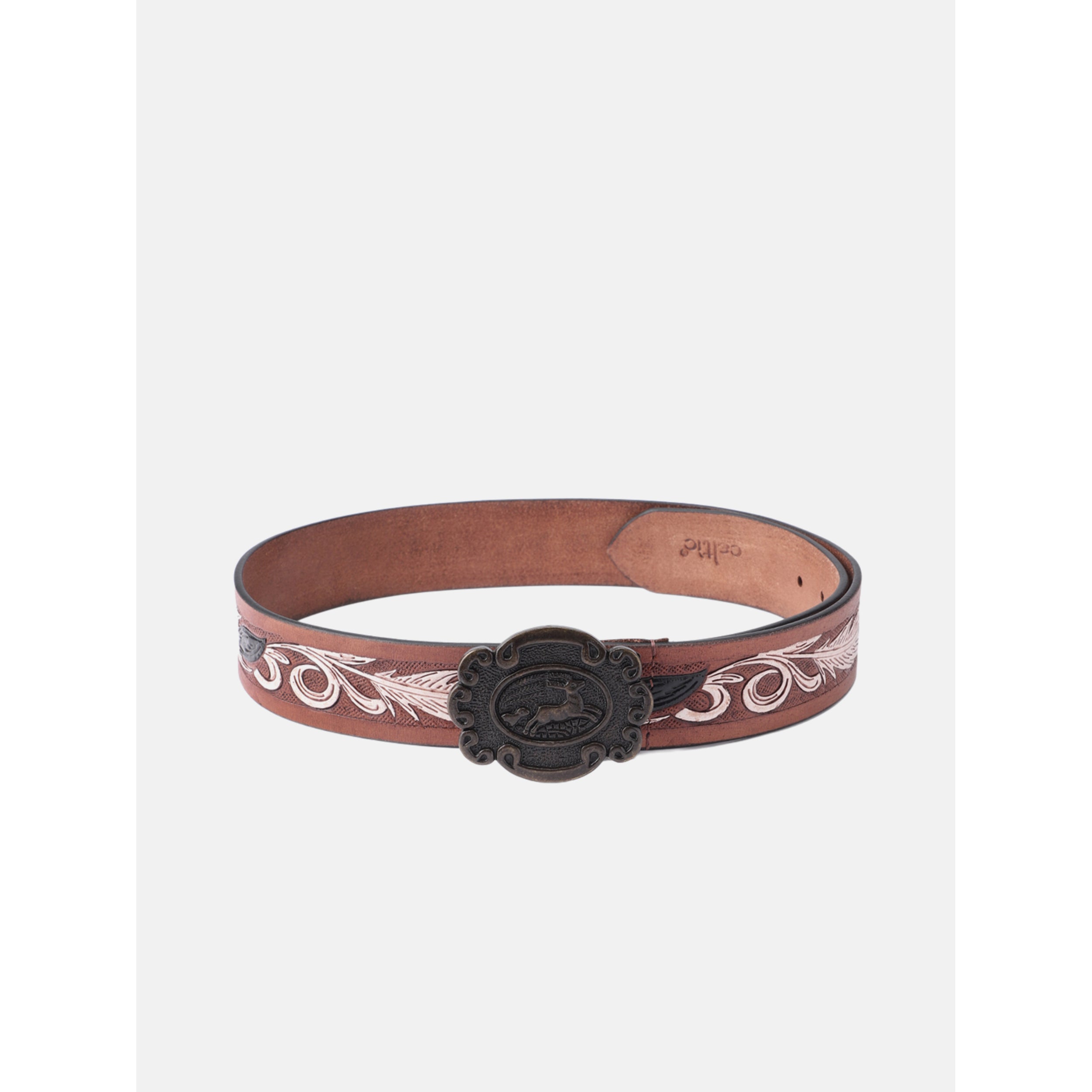 Unisex Genuine Leather Western Brown Embossed Floral Waist Accessory Antique Buckle