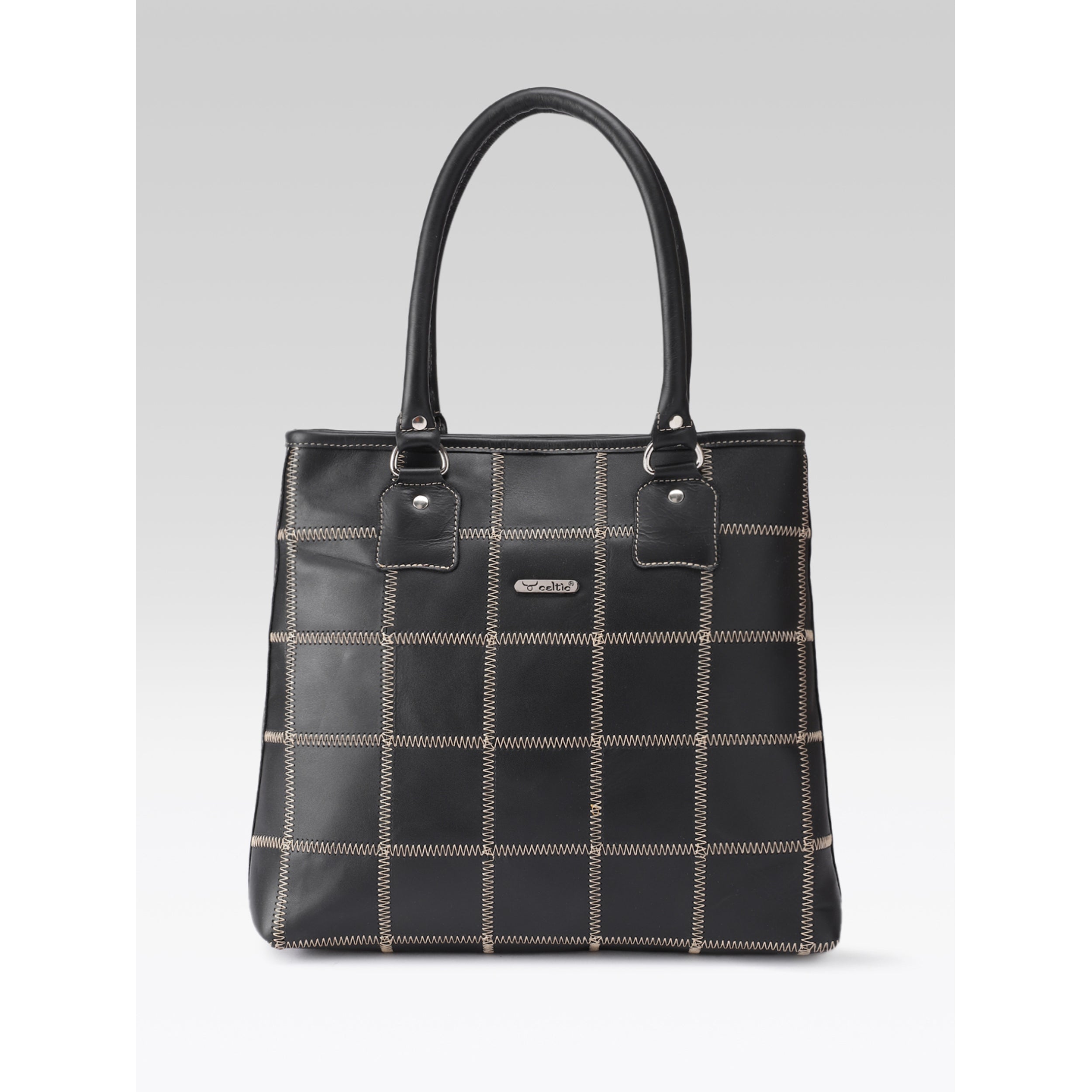 Premium Genuine Leather Shoulder totebag with Grid Stitching & Zip Closure