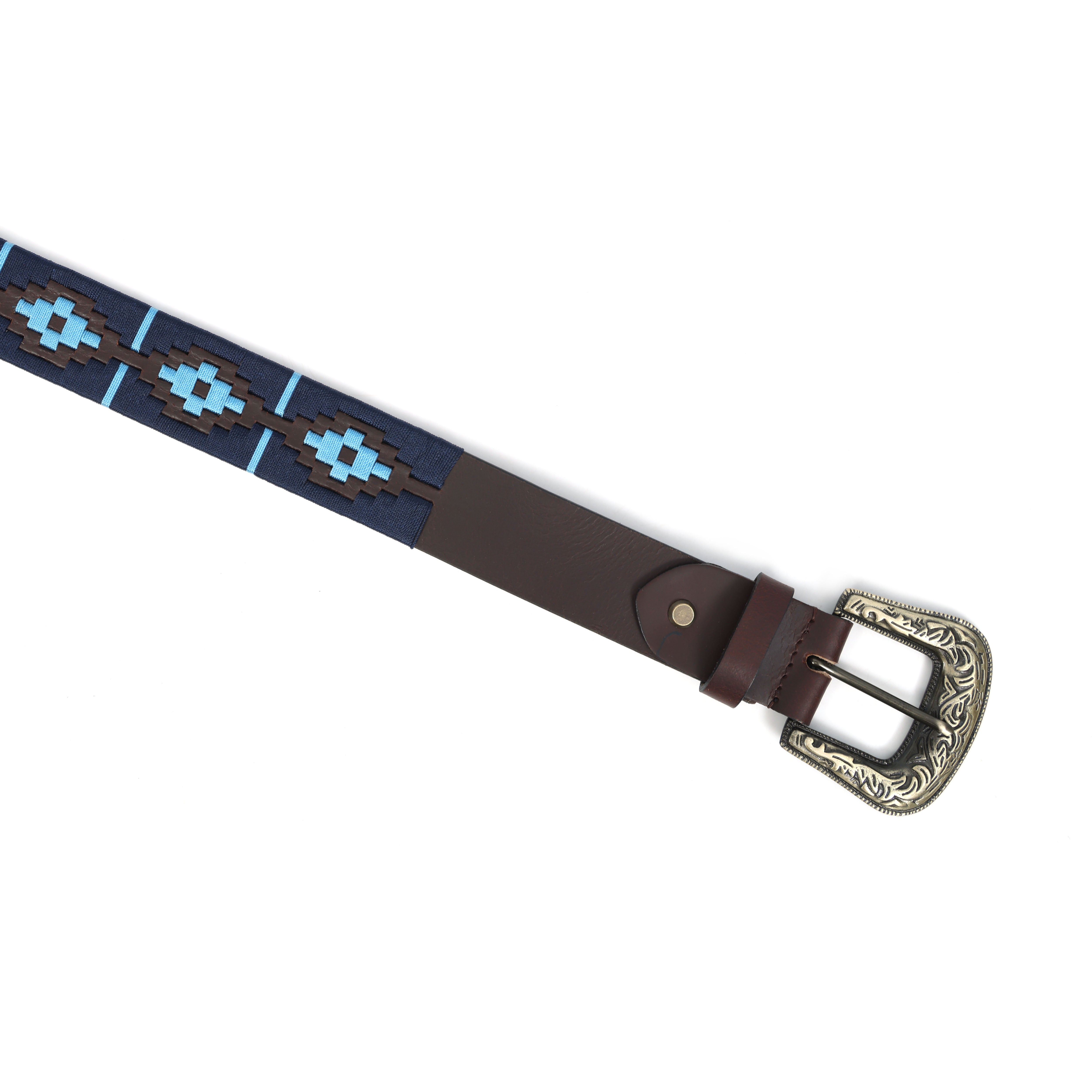  Premium Brown Leather Polo Belt with Blue Webbing & Designer Buckle + Matching Keyring. LB-866