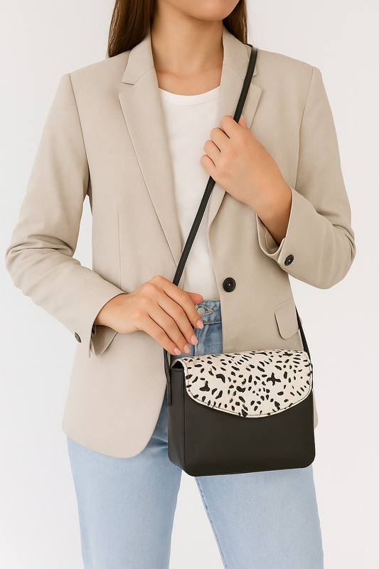 Elegance and Versatility Combined Black Leather Sling Bag with Printed Hair-On. Art: BG-1449