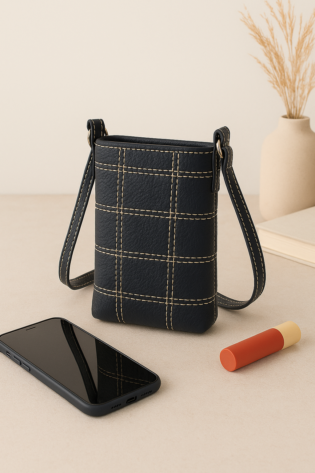Elegance Redefined: Black Leather Sling Bag with White Stitching. Art: BG-1477