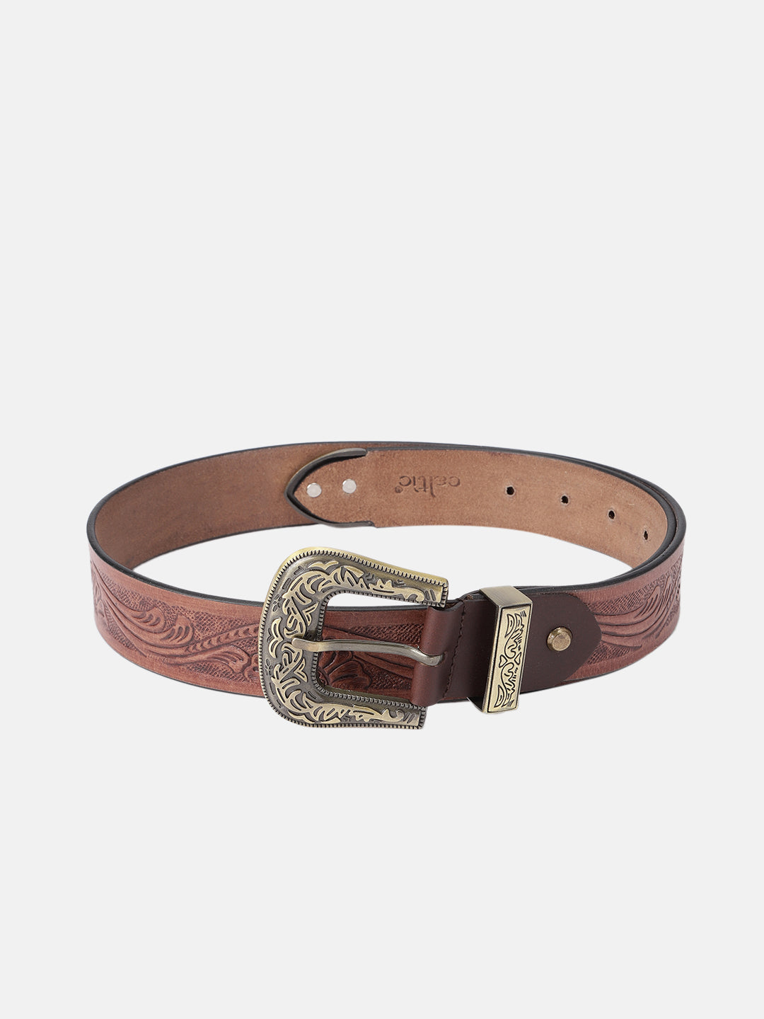Genuine Leather Embossed  Western Waist Accessory Ornate Buckle Tip