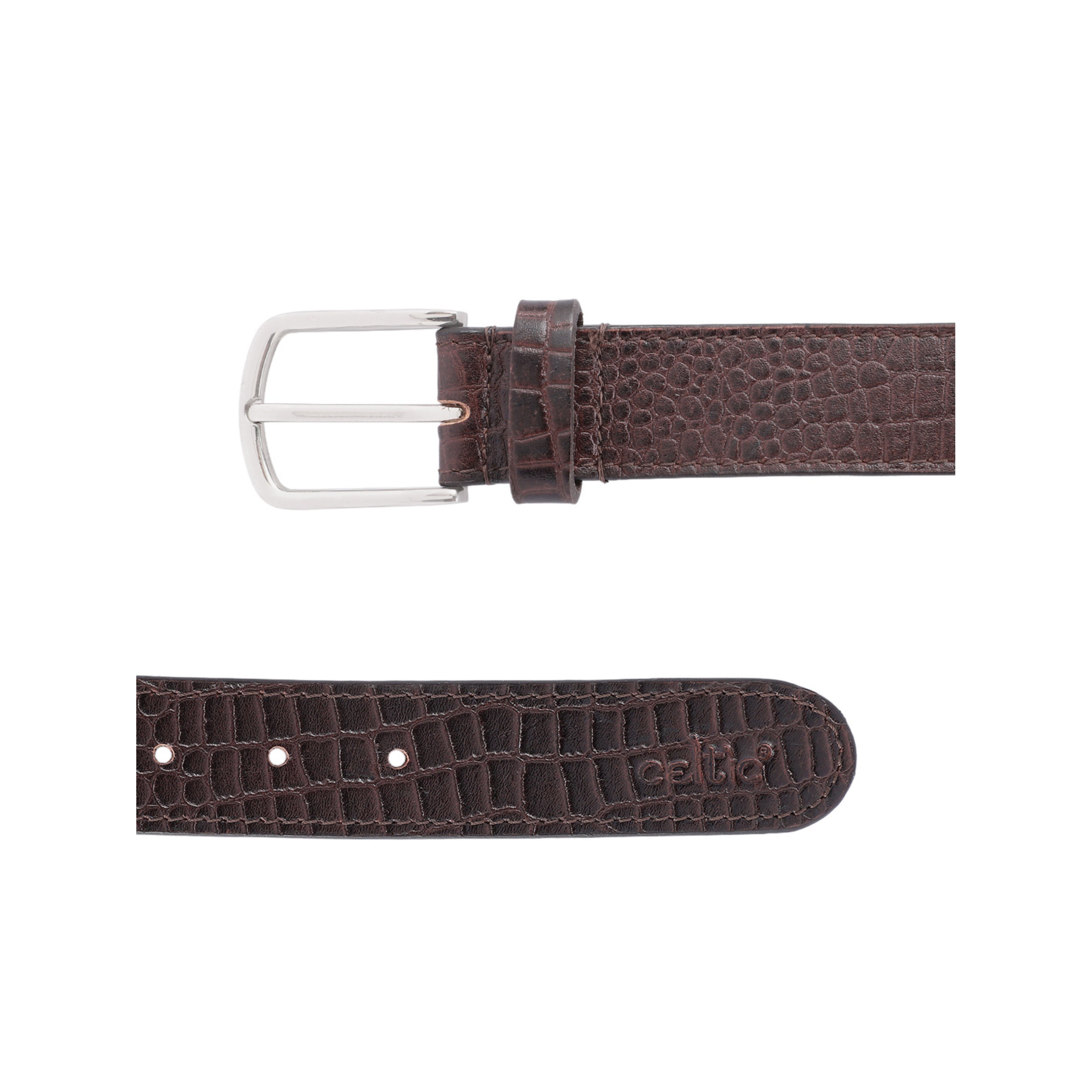 Unisex Croc Texture Brown Leather Belt with Polished Metal Buckle Stylish Wear