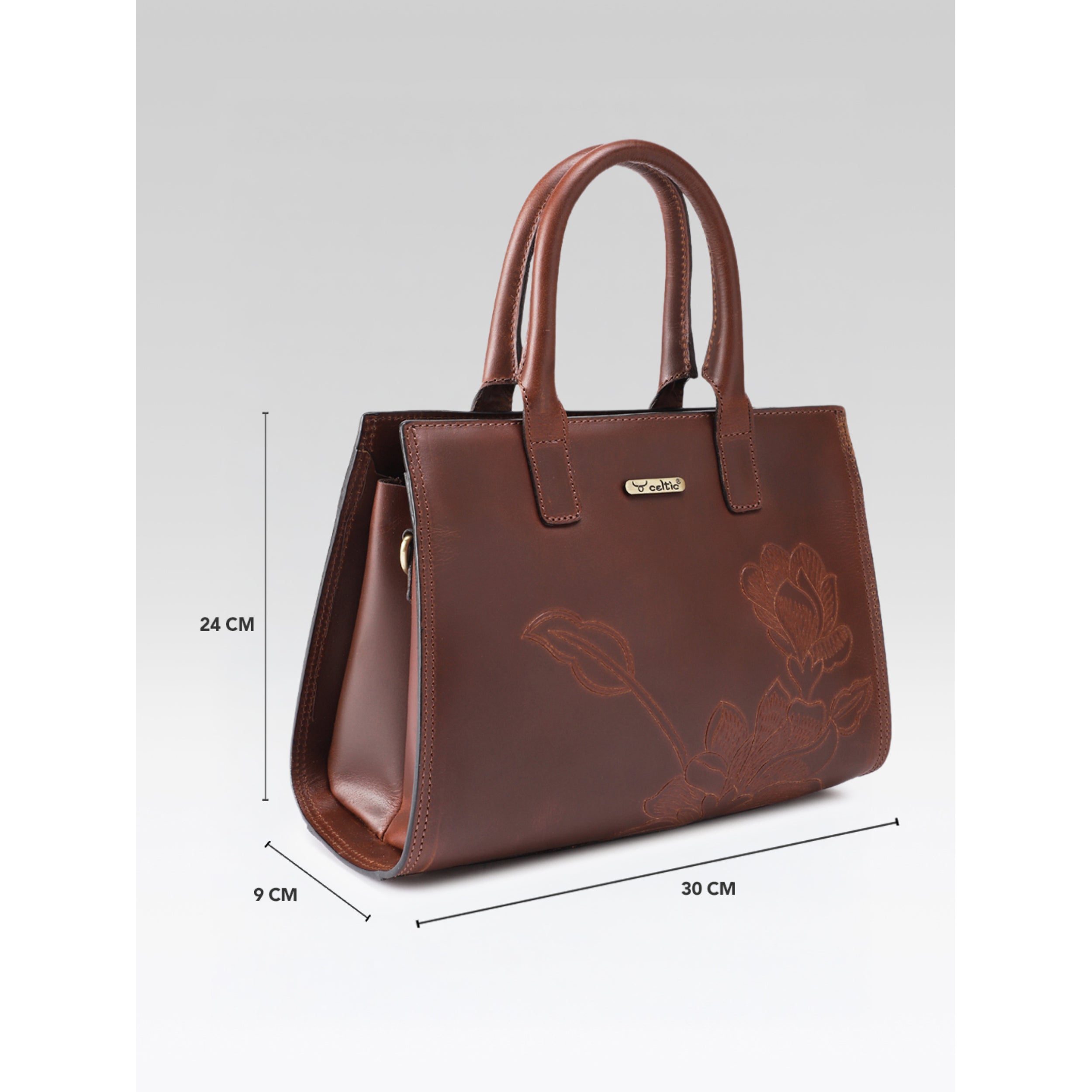 Premium Genuine  Leather Tote with Floral Embossing, Top Handles, Zip Closure