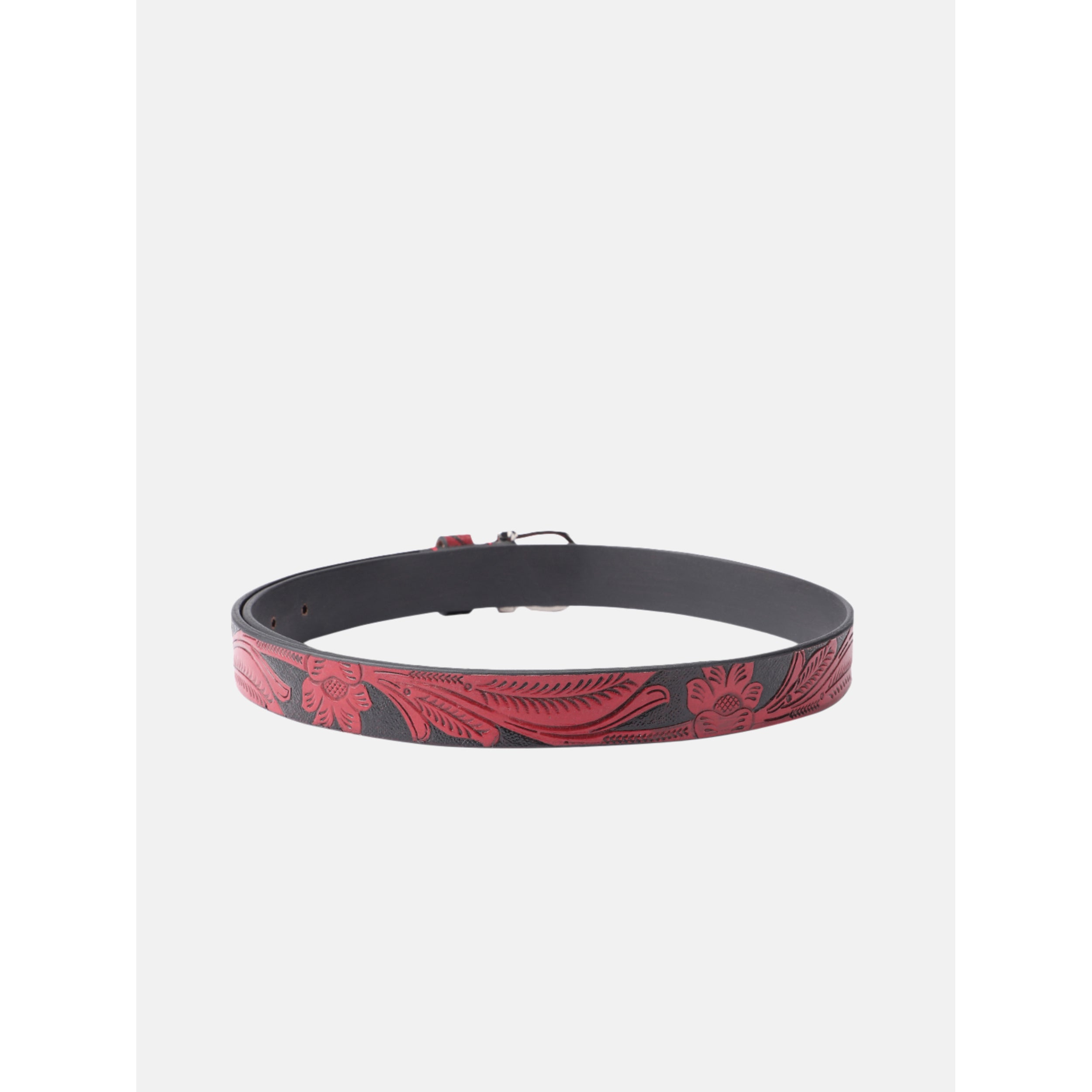 Premium Genuine Leather Red Leaf Embossed Western Casual Waistbelt Silver Buckle