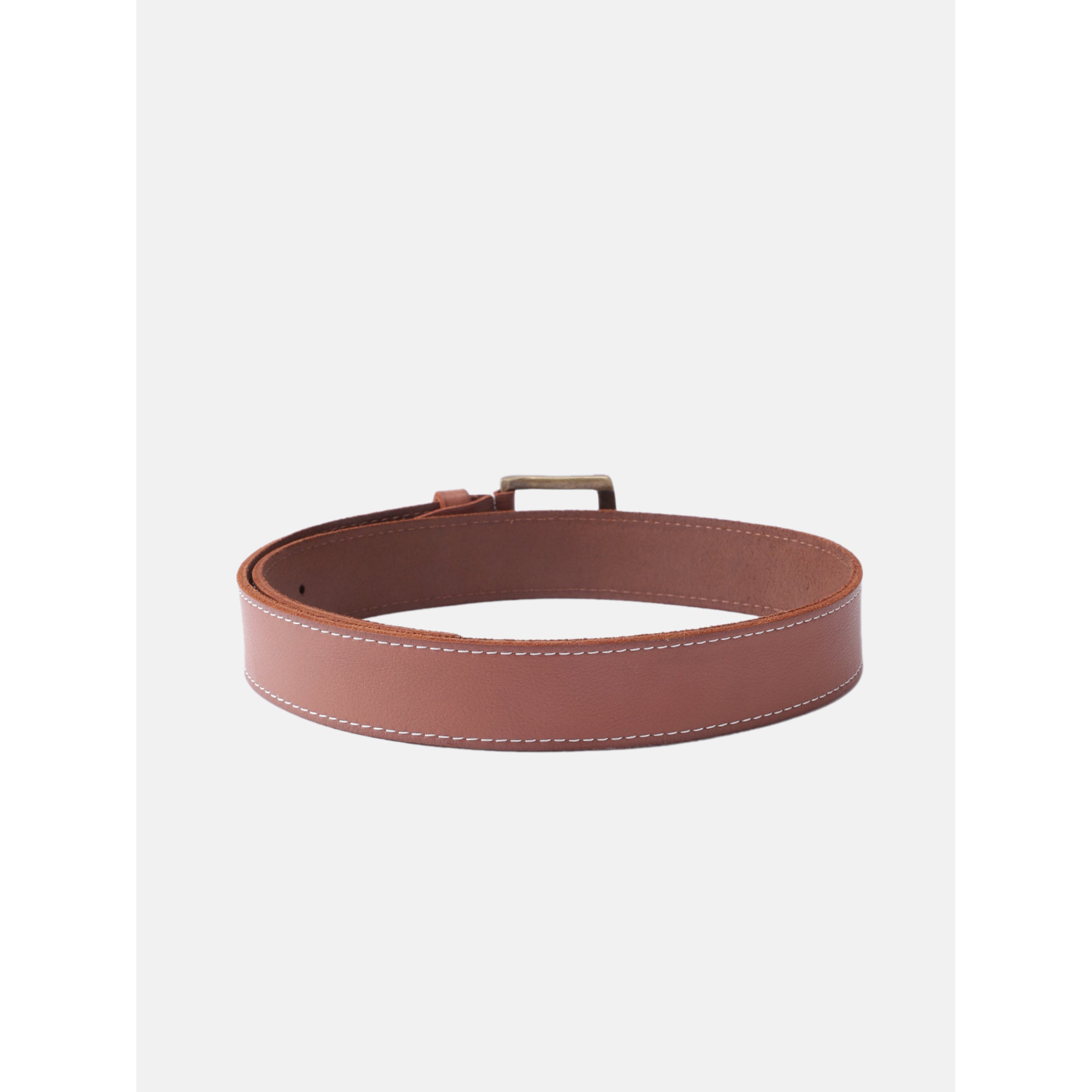 Women Genuine Leather Tan Belt Silver Buckle Contrast Stitching Casual Formal