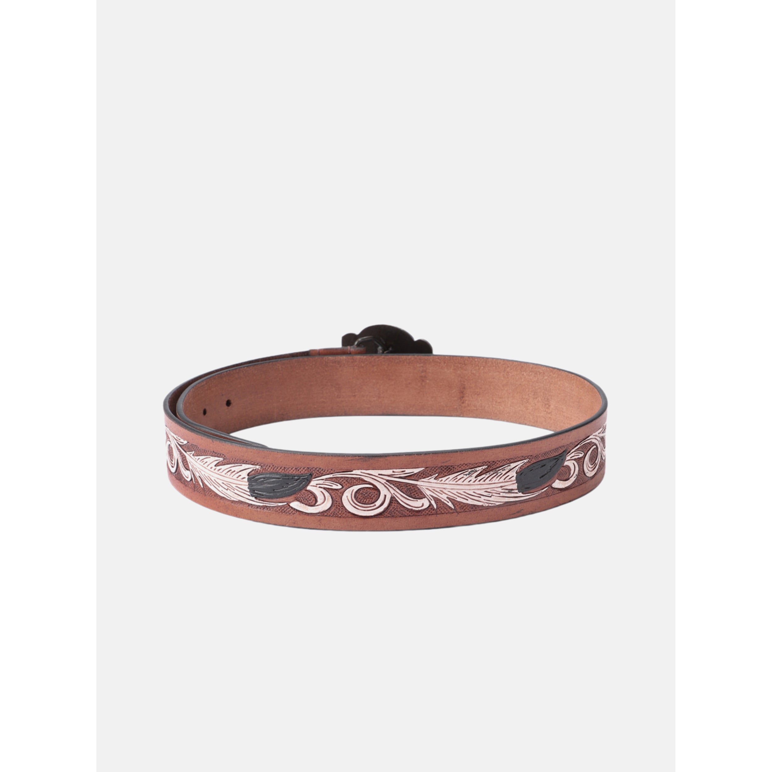 Unisex Genuine Leather Brown Feather Painted Western Waist Belt Antique Buckle Handmade