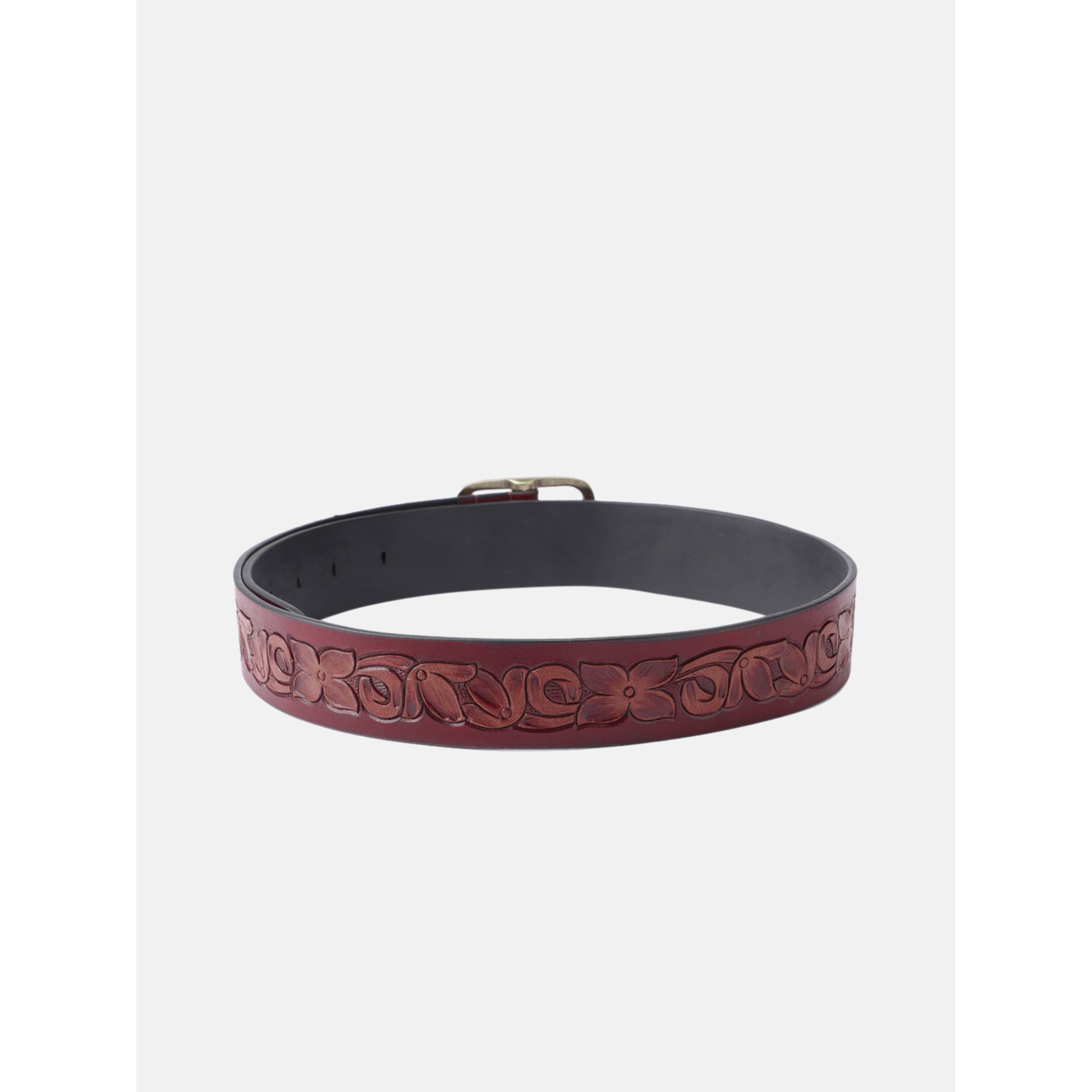 Unisex Handcrafted Floral Leather Belt Vintage Brass Buckle Artisan Carved Waistwear