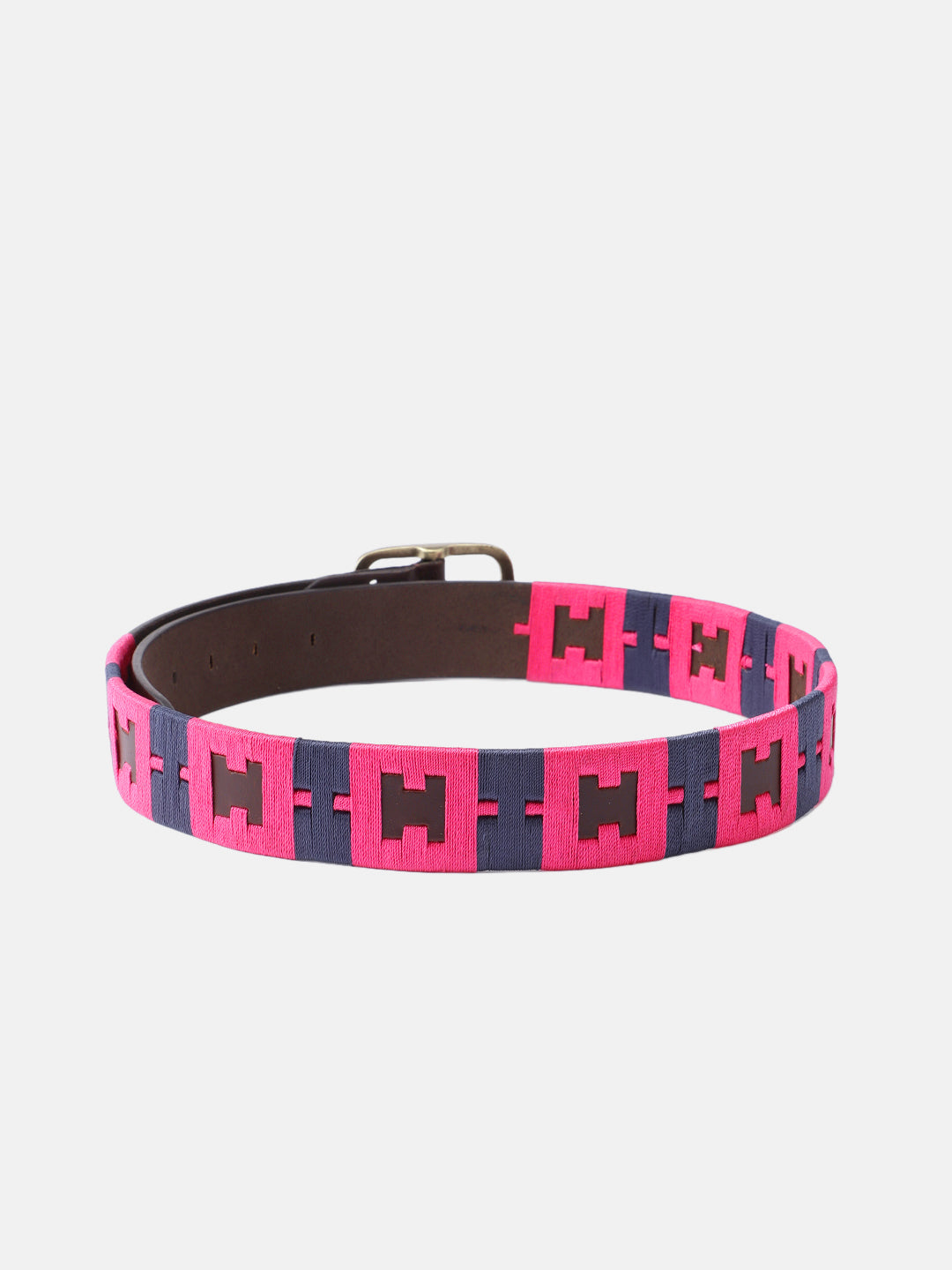 Unisex Handcrafted Leather Fabric Belt With Geometric Weave Antique Buckle Casual Wear