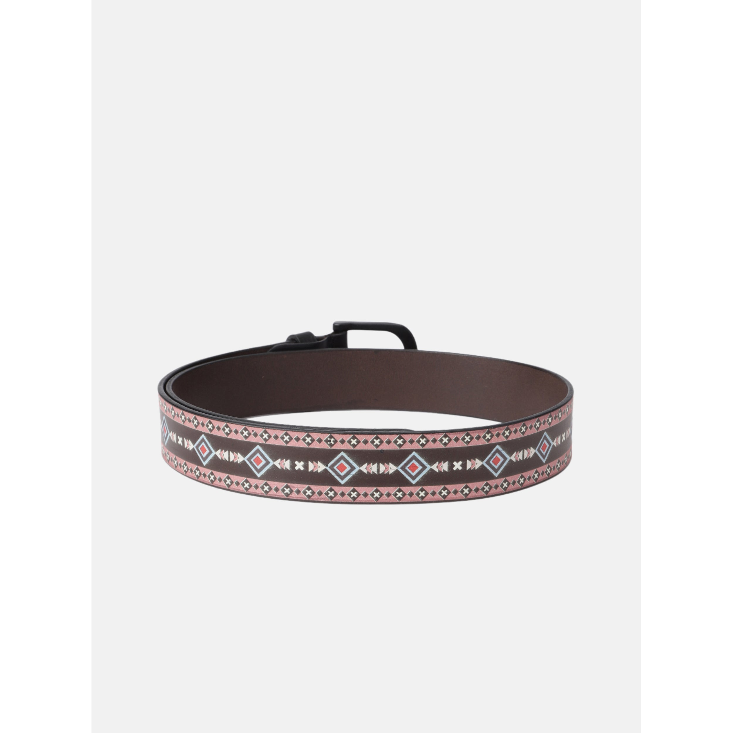 Unisex Geometric Patterned Leather Belt With Black Buckle For Casual Everyday Wear