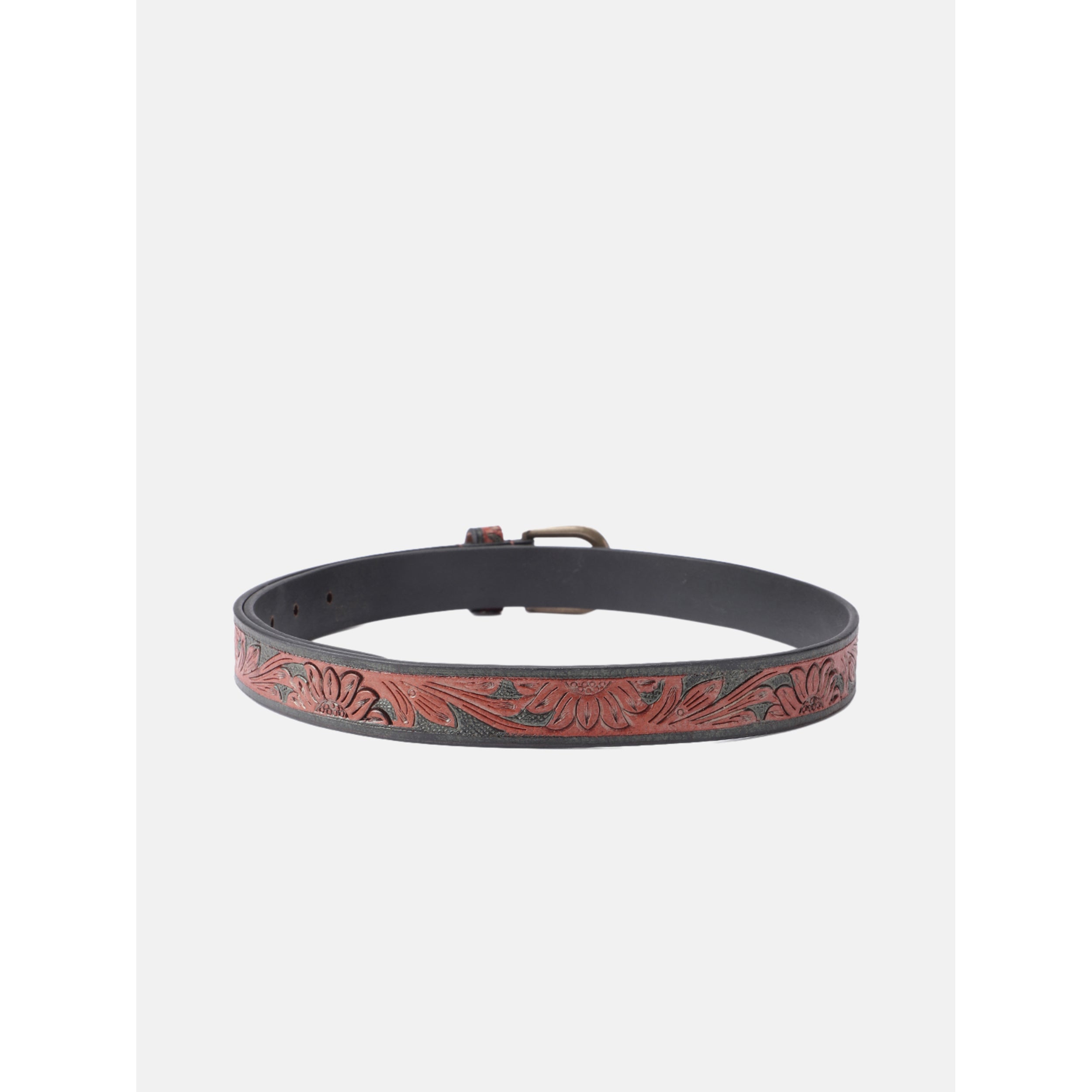Unnisex Handcrafted Floral Embossed Leather Belt With Antique Brass Buckle For Casual Wear