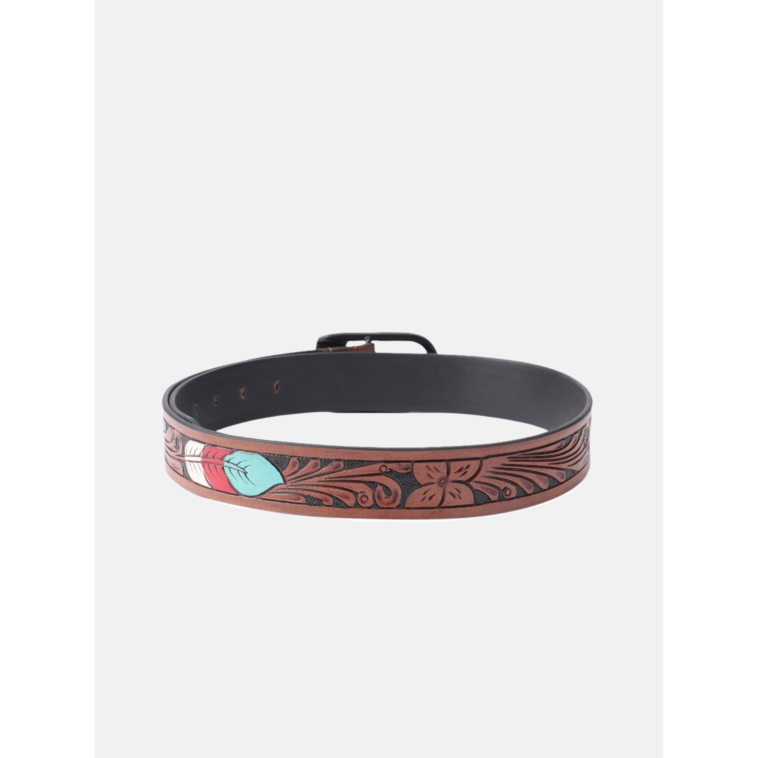 Unisex Genuine Leather Embossed Brown Feather Western Casual Waistbelt Matte Black Buckle