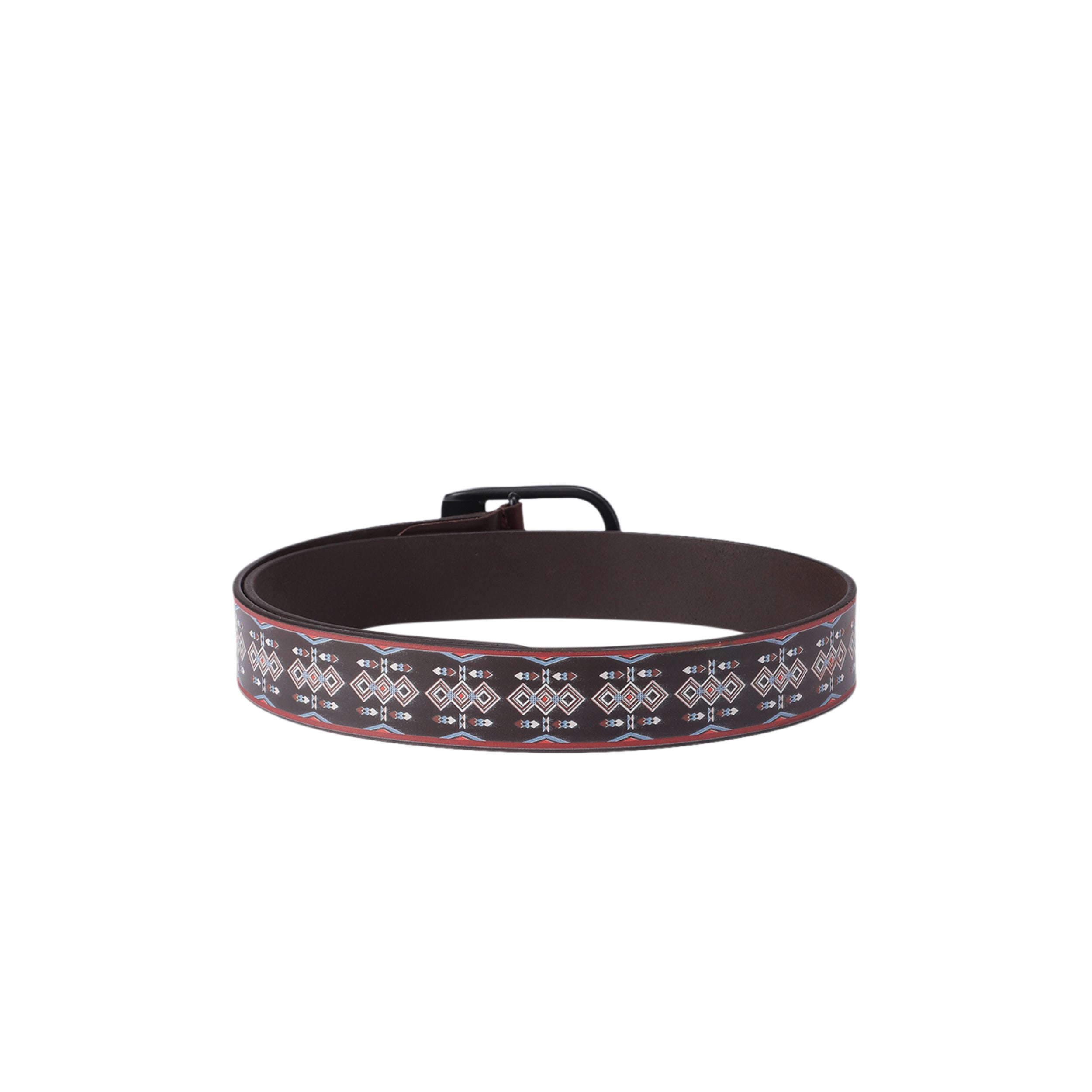 Unisex Tribal Patterned Leather Belt With Geometric Print Matte Black Buckle Handmade Style.