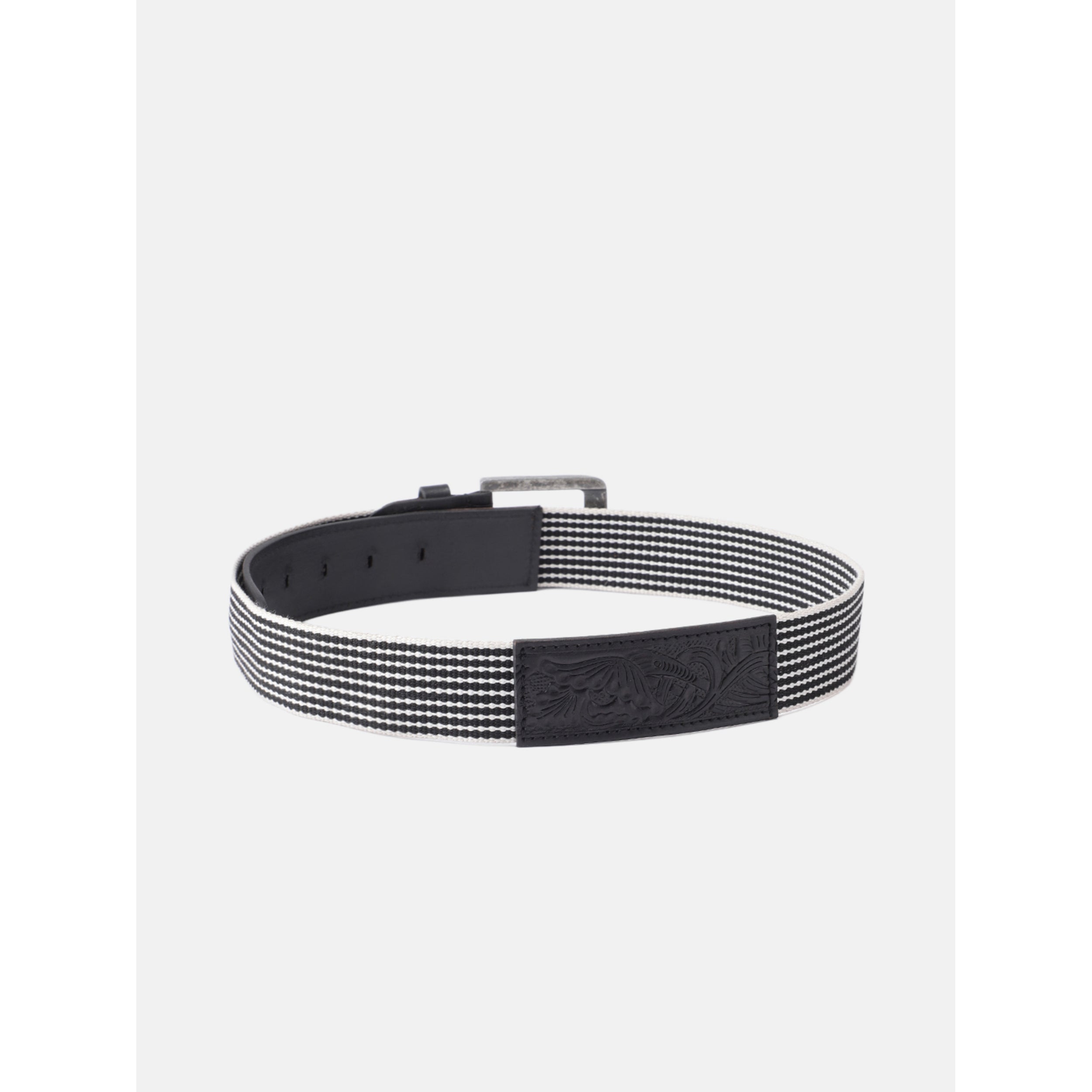 Unisex Genuine Leather Floral Embossed Canvas Black White Waist Accessory Brass Buckle