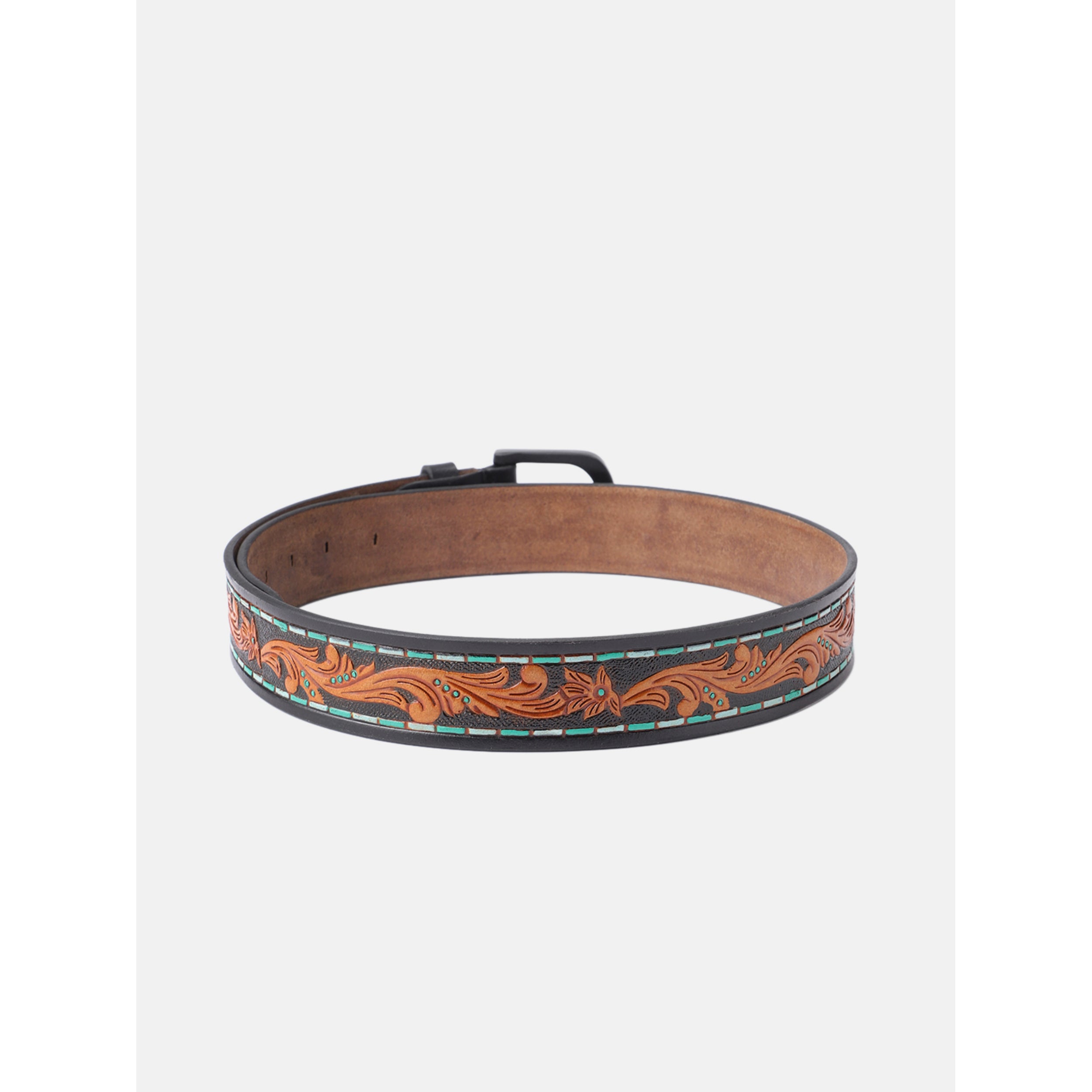 Unisex Genuine Leather Embossed Brown Turquoise Western Casual Waistbelt Matte Black Buckle
