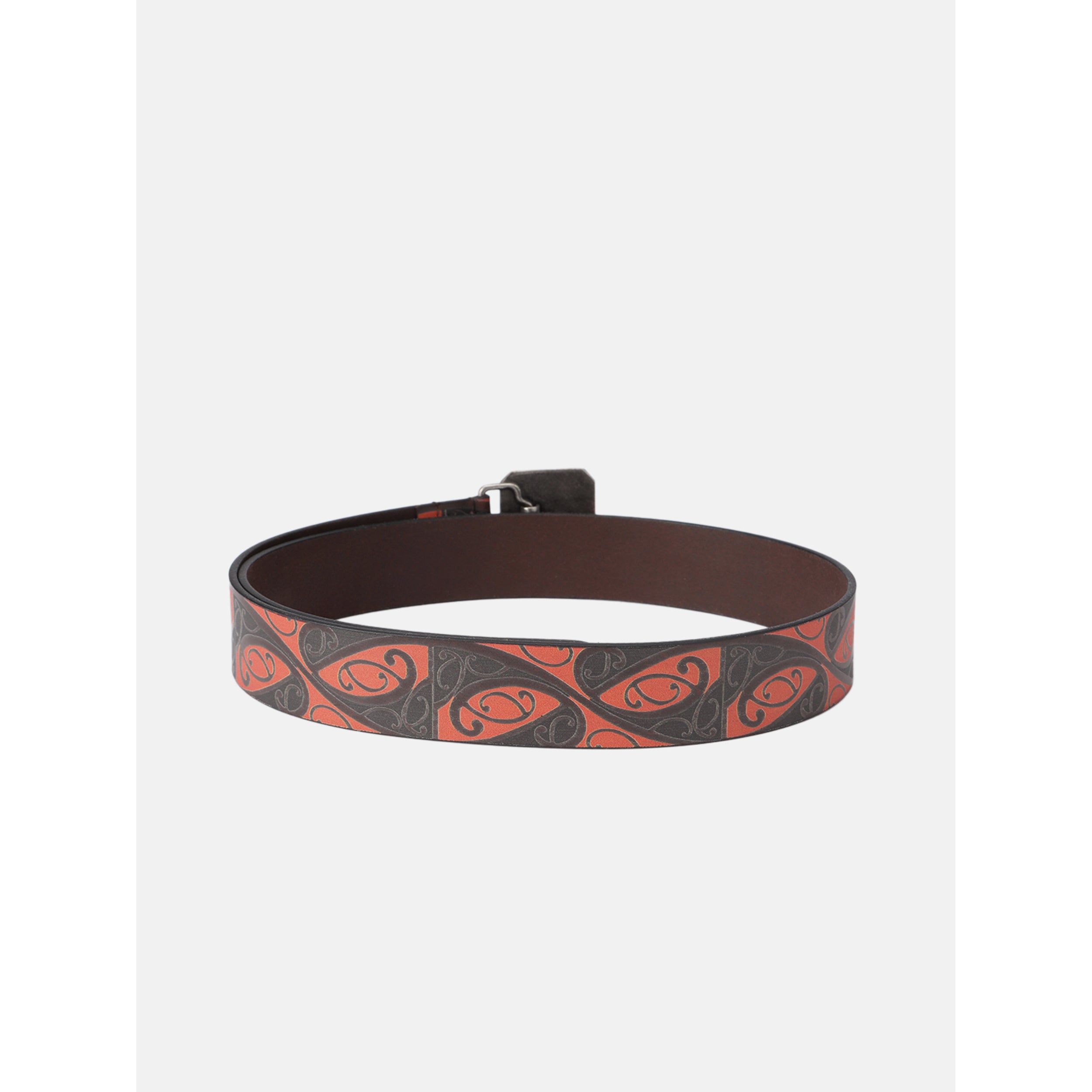 Men Genuine Leather Red Black Tribal Scroll Waist Belt with Antique Emblem Buckle