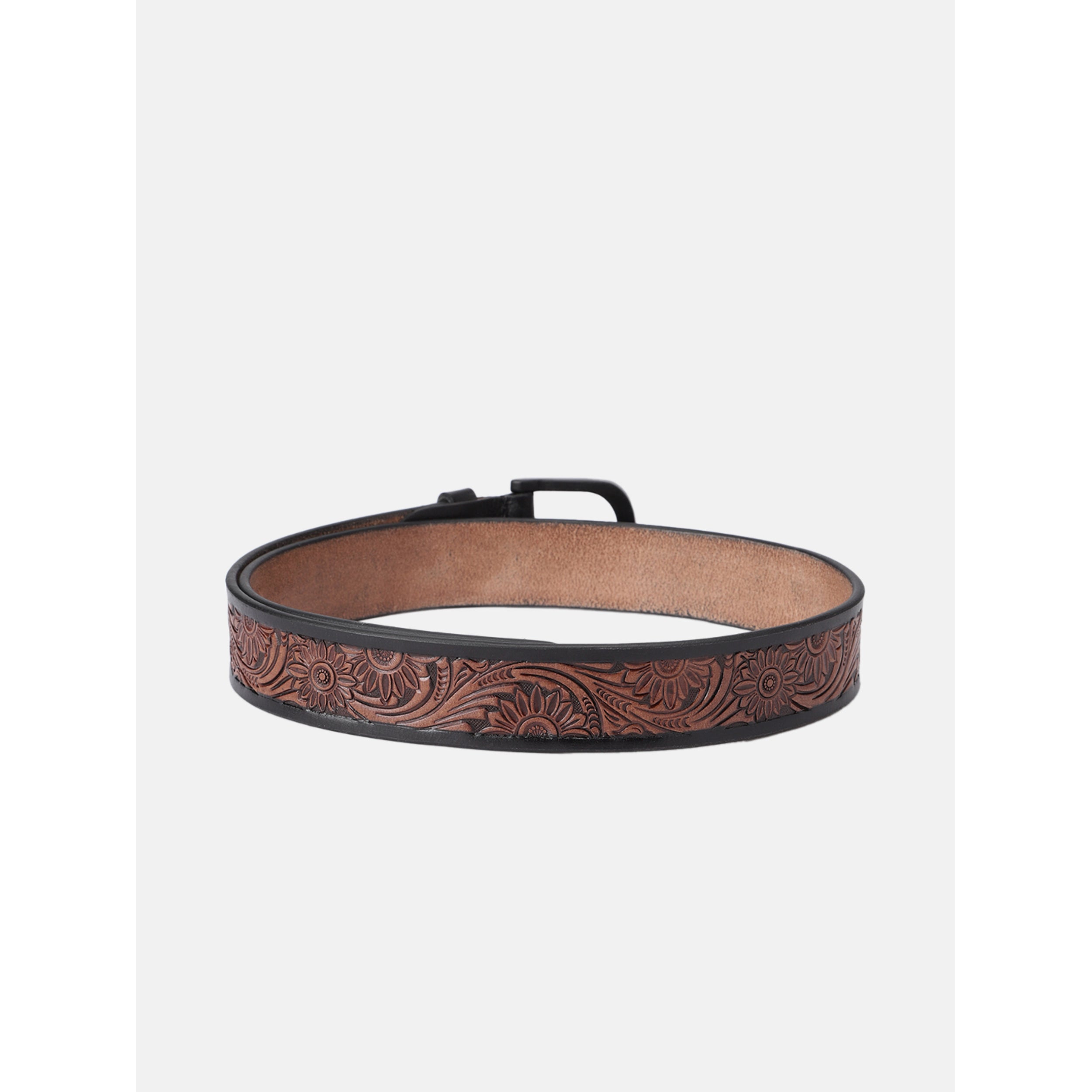 Unisex Genuine Leather Floral Embossed Brown Waist Accessory Matte Black Buckle