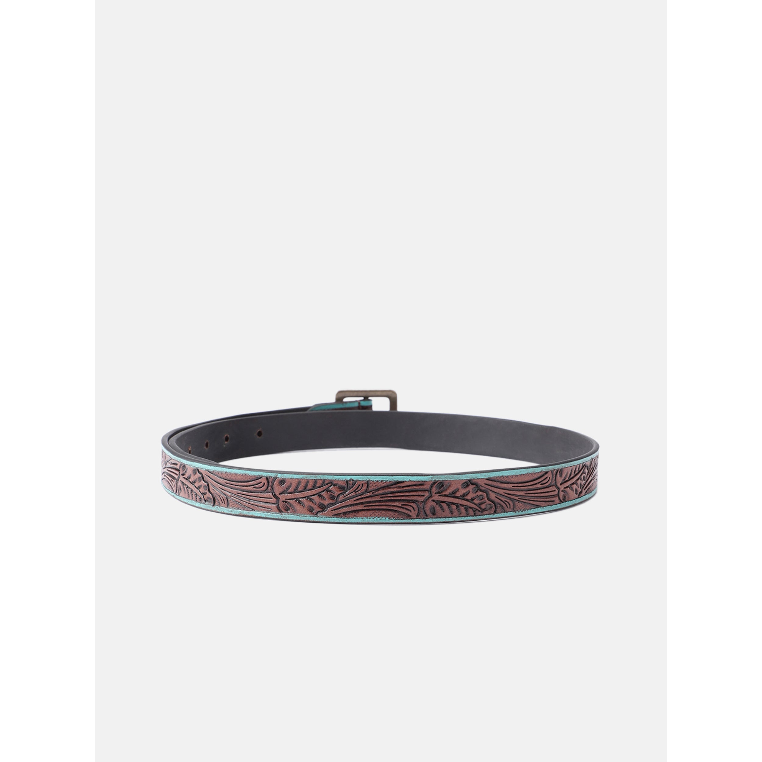 Unisex Genuine Leather Embossed Brown Turquoise Floral Western Waist Accessory Brass Buckle