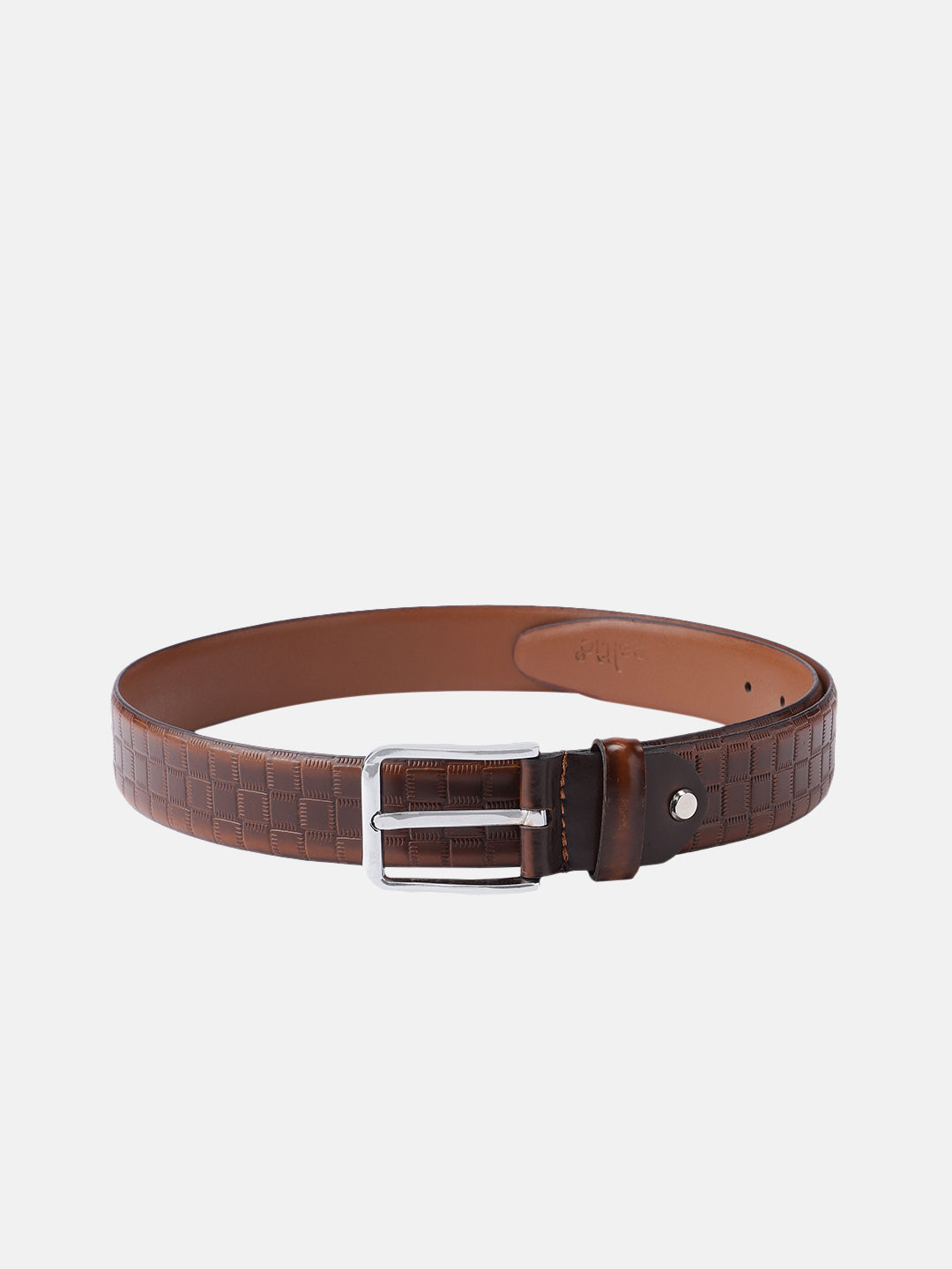 Men Olive Textured Leather Belt With Vertical Stripe Pattern And Classic Metal Buckle