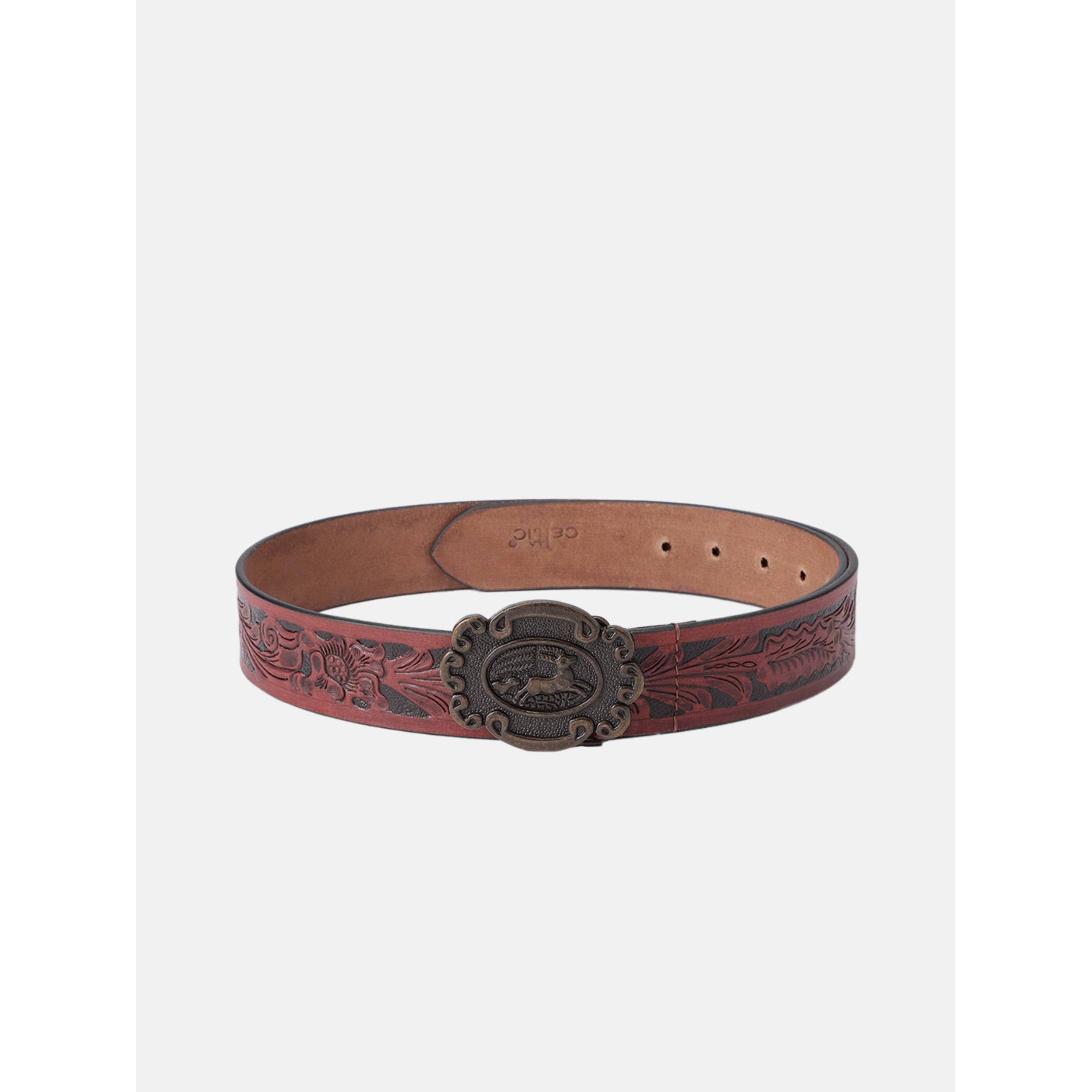 Men Genuine Leather Embossed Floral Brown Western Waist Accessory Antique Buckle