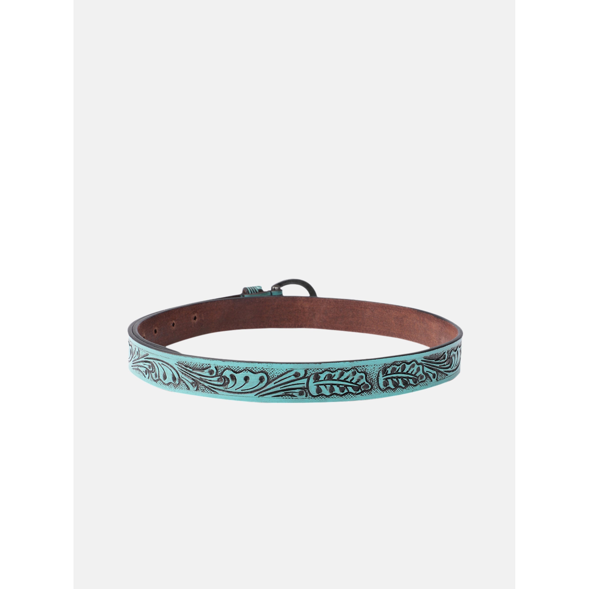 Women Genuine Leather Embossed Turquoise Floral Western Waist Accessory Silver Buckle