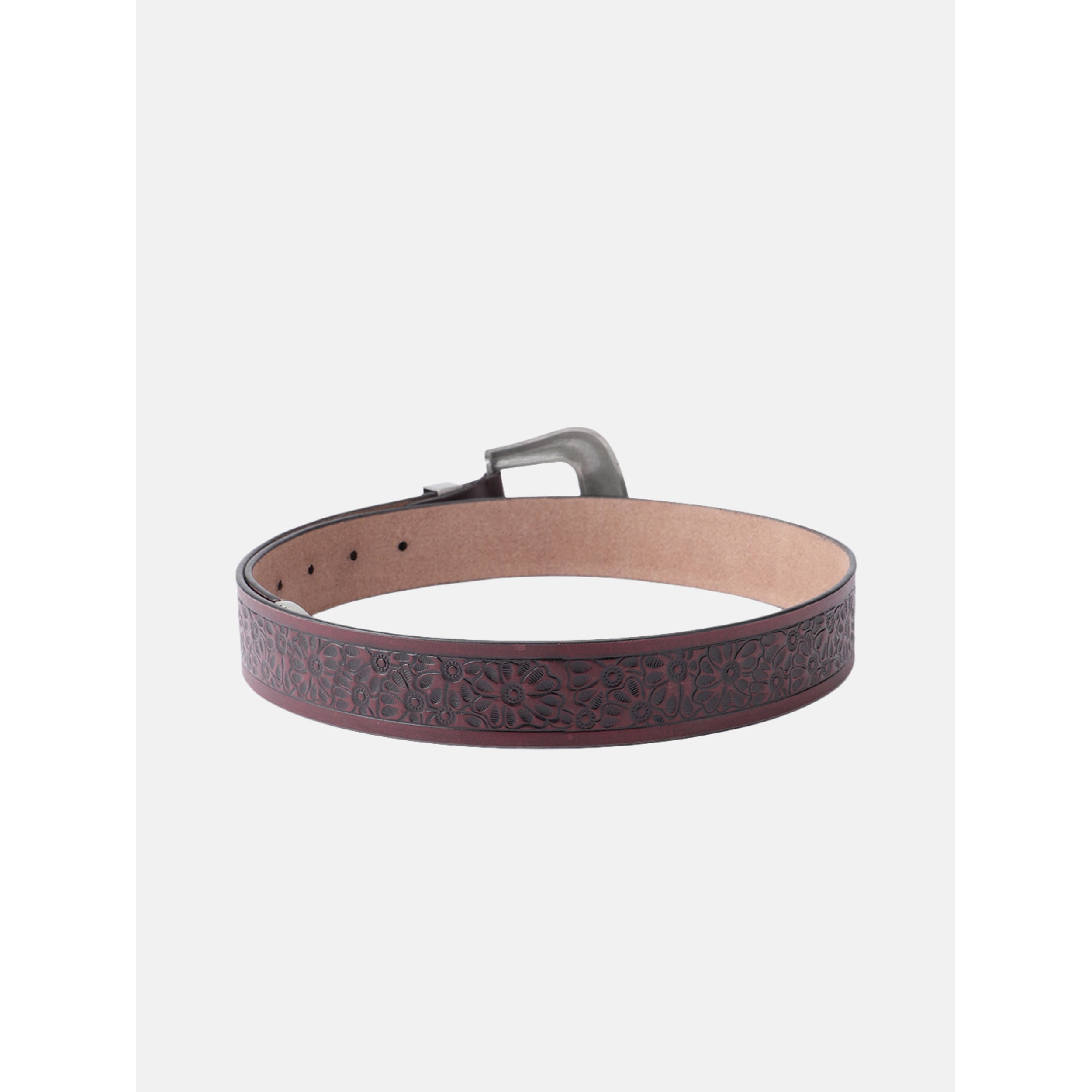 Vintage Floral Embossed Leather Belt With Ornate Silver Buckle For Men