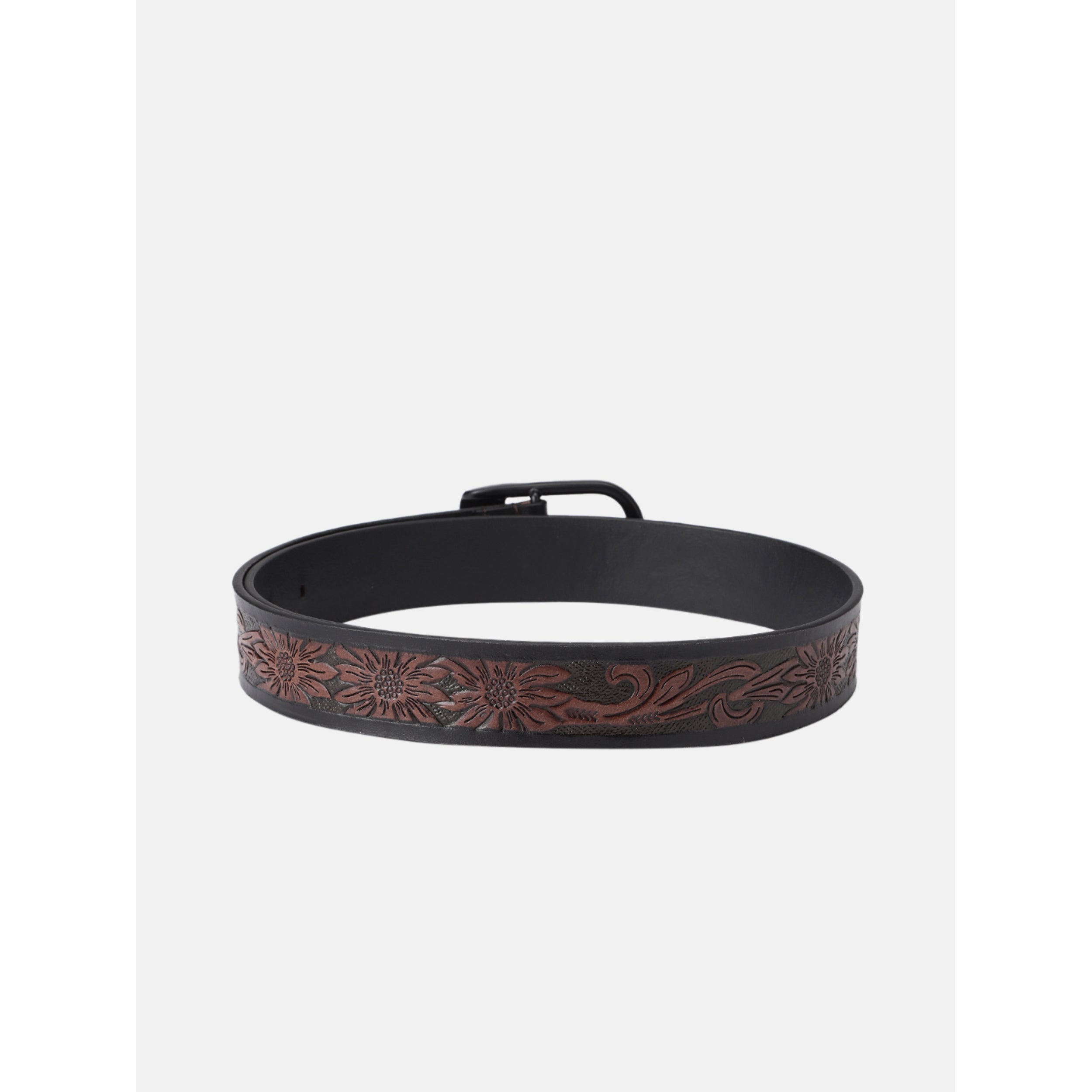 Unisex Genuine Leather Floral Embossed Brown Waist Accessory Matte Black Buckle