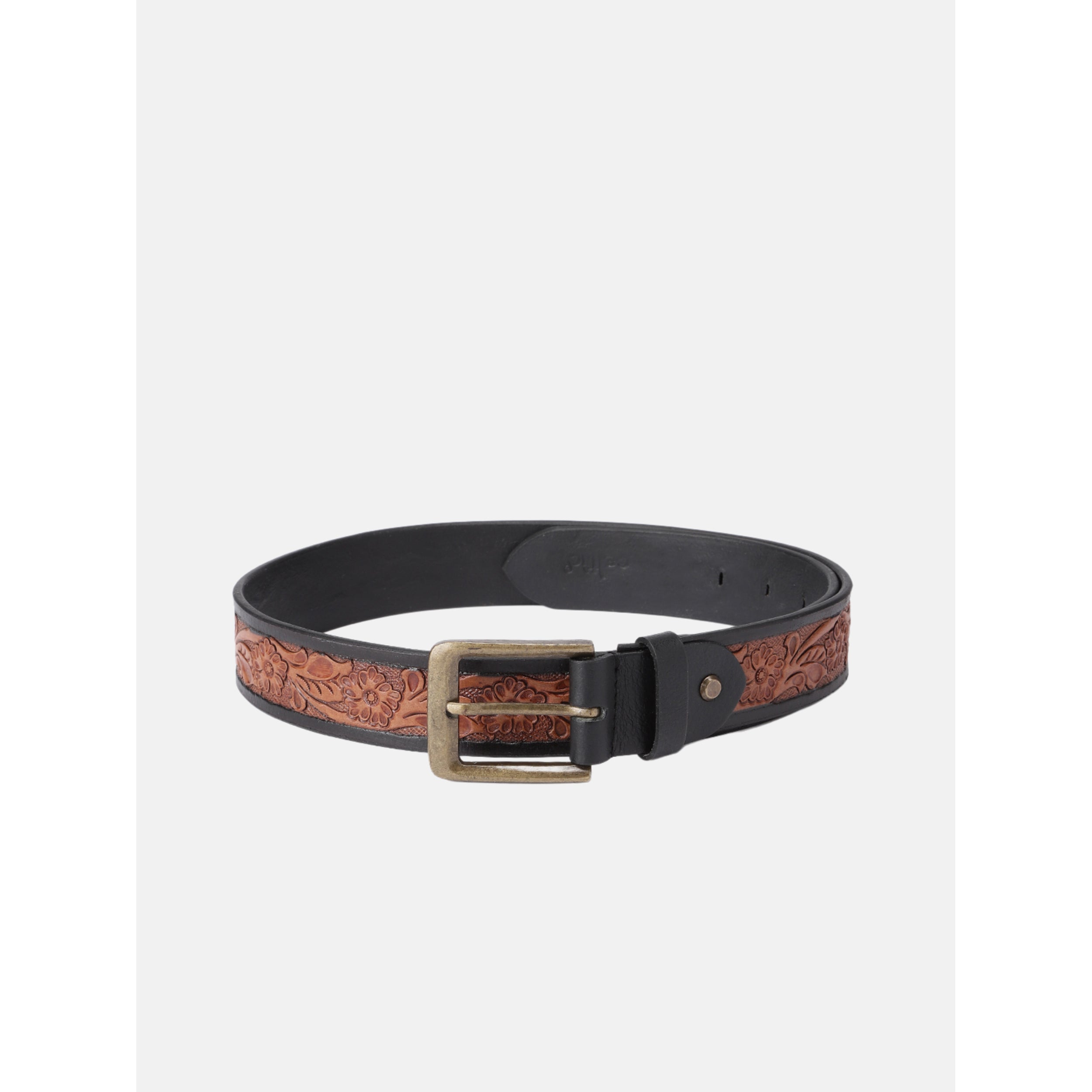 Unisex Genuine Leather Embossed Floral Brown Waist Accessory Antique Metal Buckle