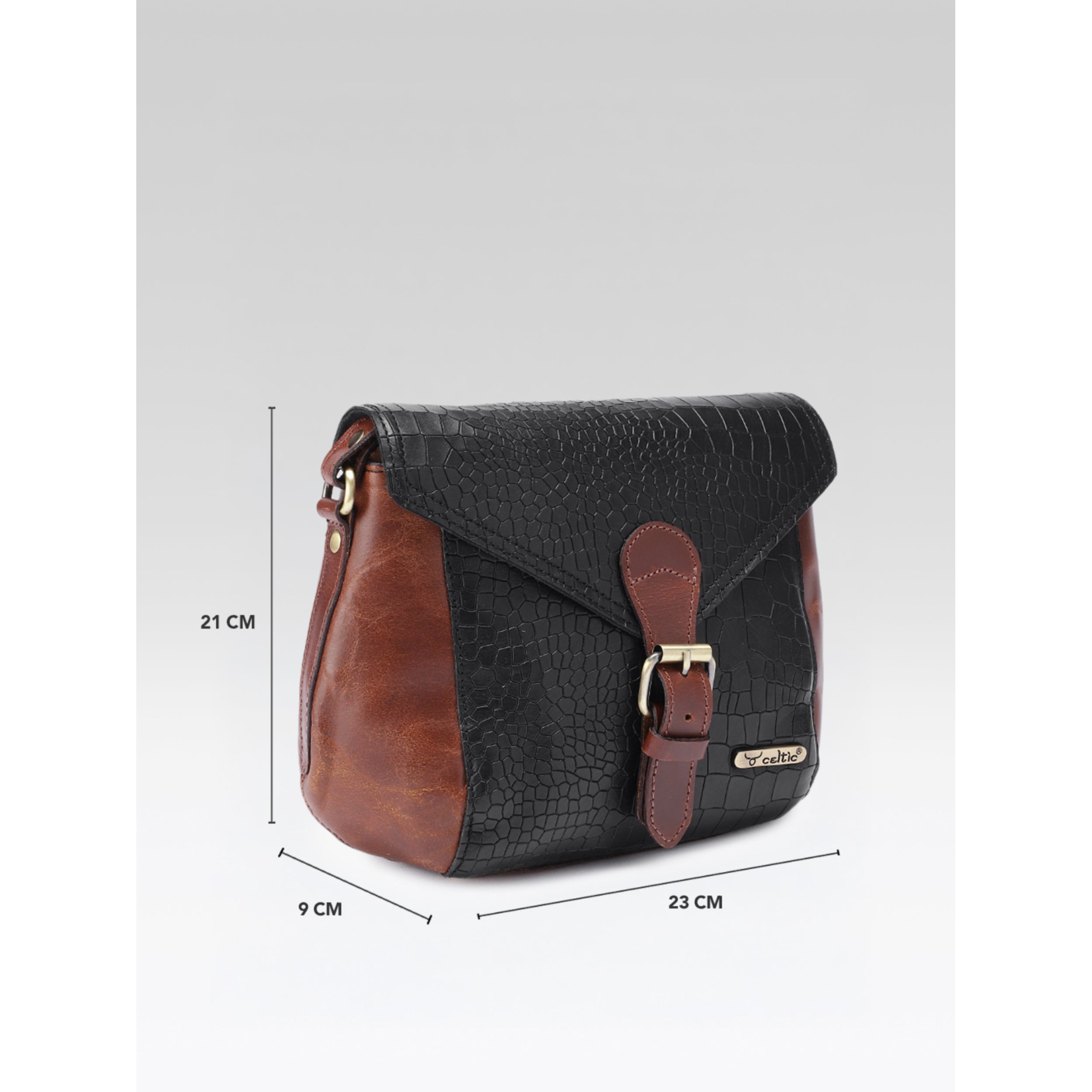 Women Leather Crossbody Sling Bag Black and Brown Croc Texture with Buckle Tab