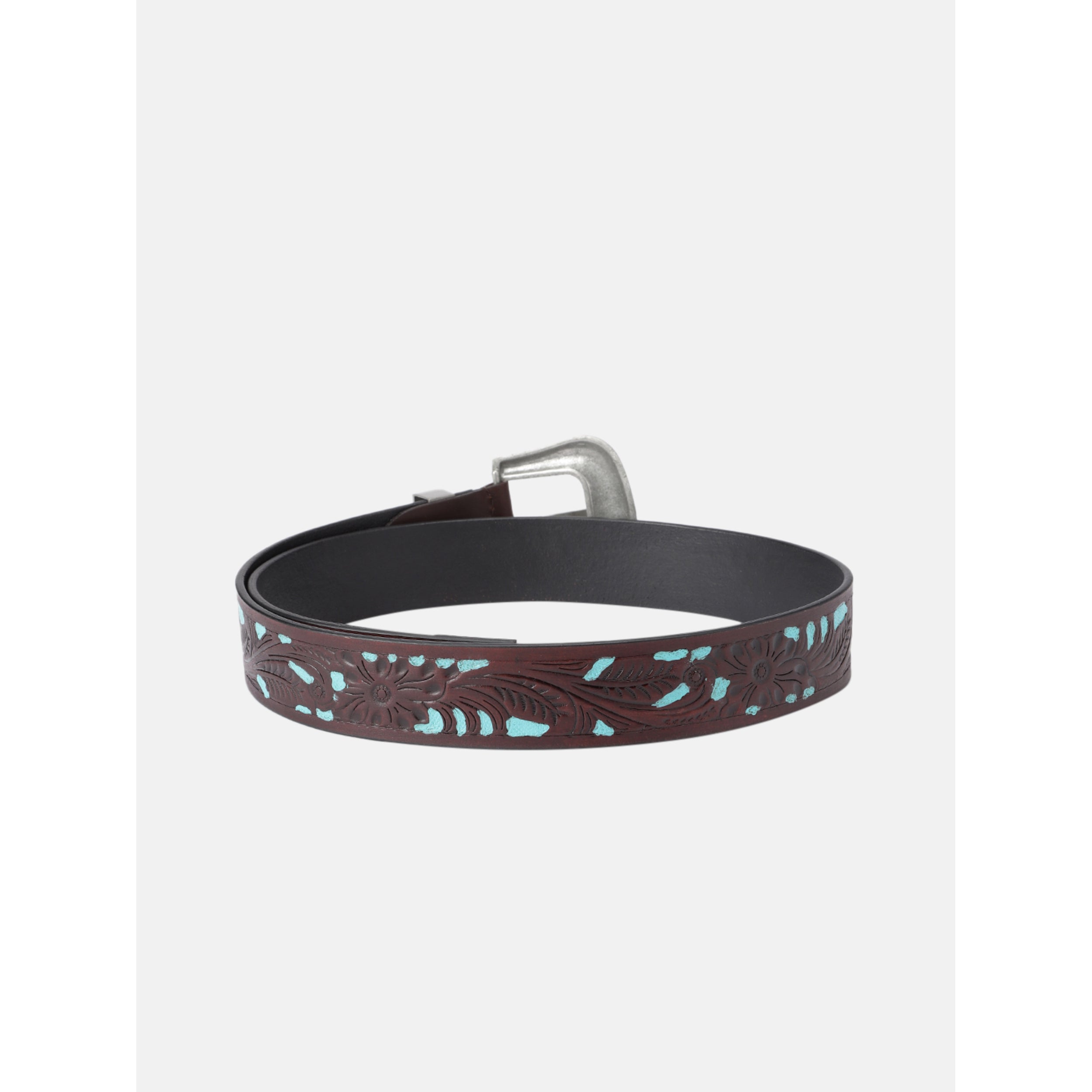 Unisex Genuine Leather Embossed Floral Brown Teal Western Waist Accessory Silver Buckle